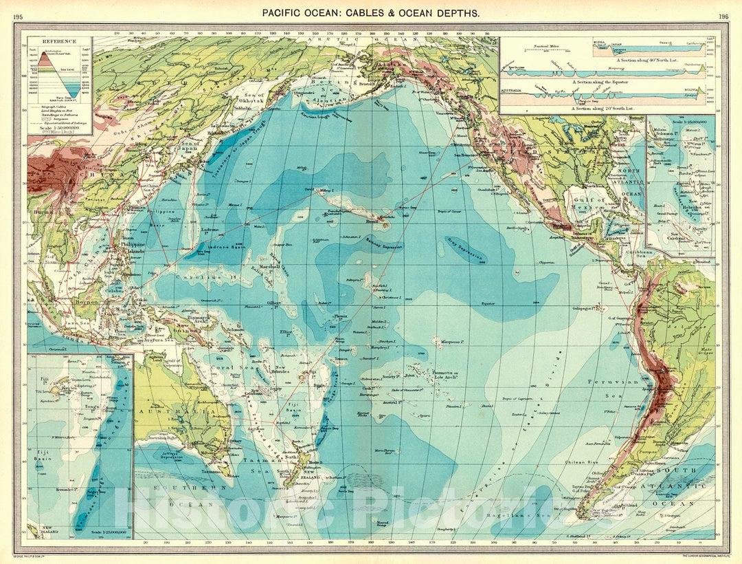 Historic Map : 1910 Pacific Ocean: Cables and Ocean Depths  : Vintage Wall Art