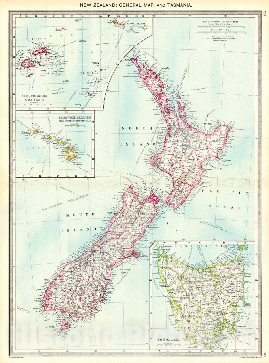 Historic Map : 1910 New Zealand: General Map and Tasmania : Vintage Wall Art