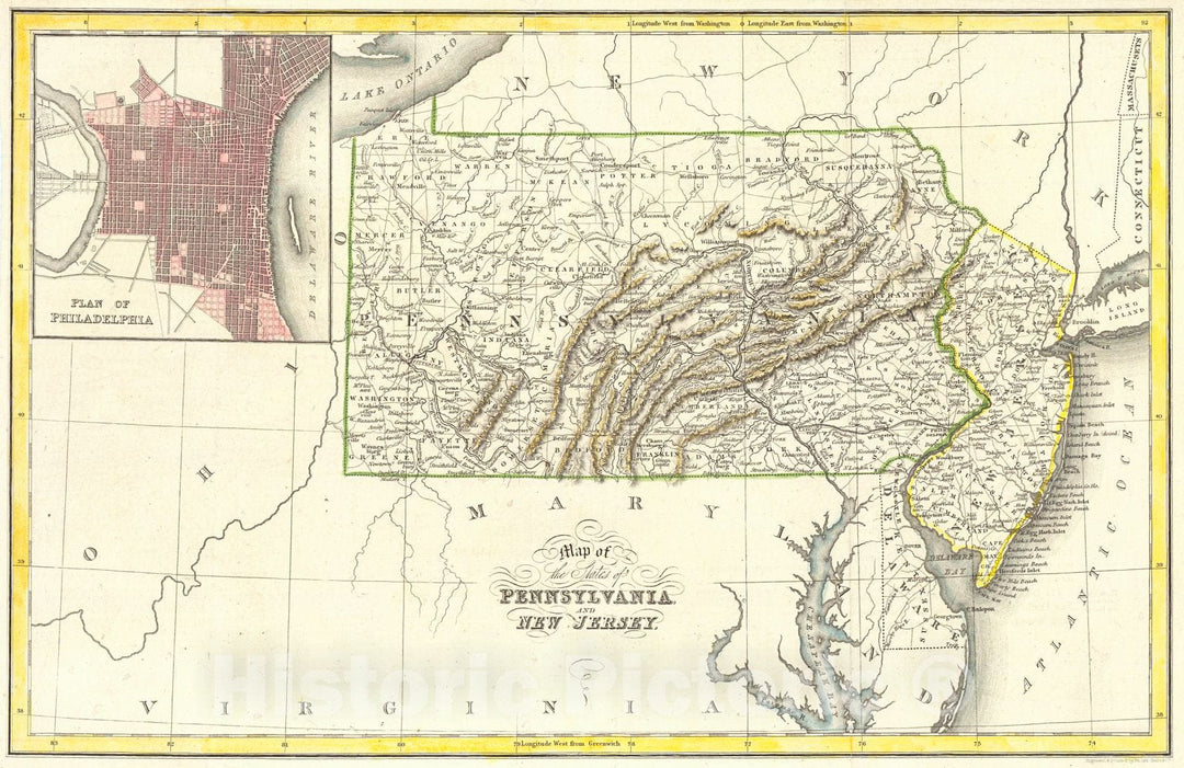 Historic Map : 1832 Map of the States of Pennsylvania and New Jersey : Vintage Wall Art