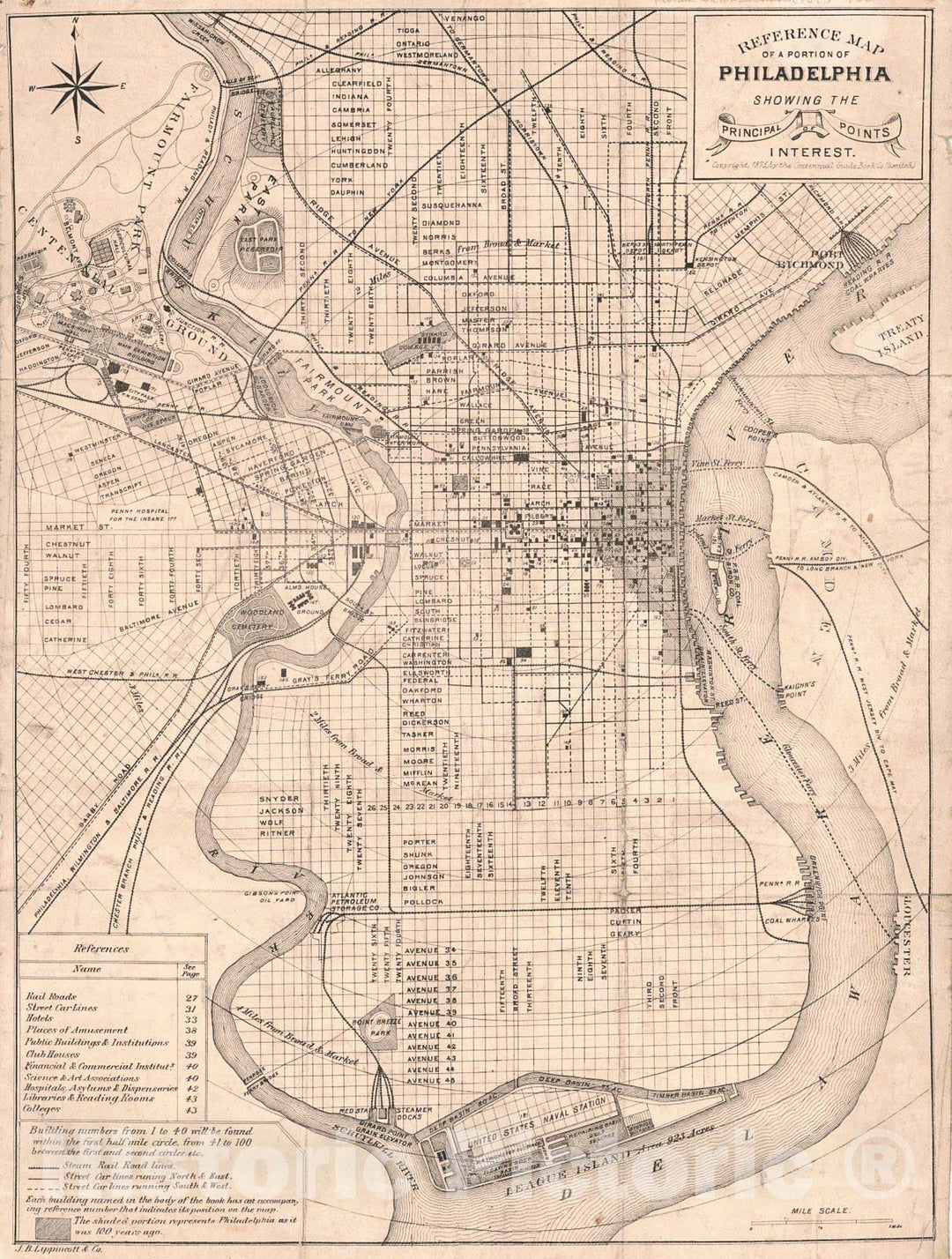 Historic Map : 1875 Reference Map of a Portion of Philadelphia Showing Principal Points of Interest : Vintage Wall Art