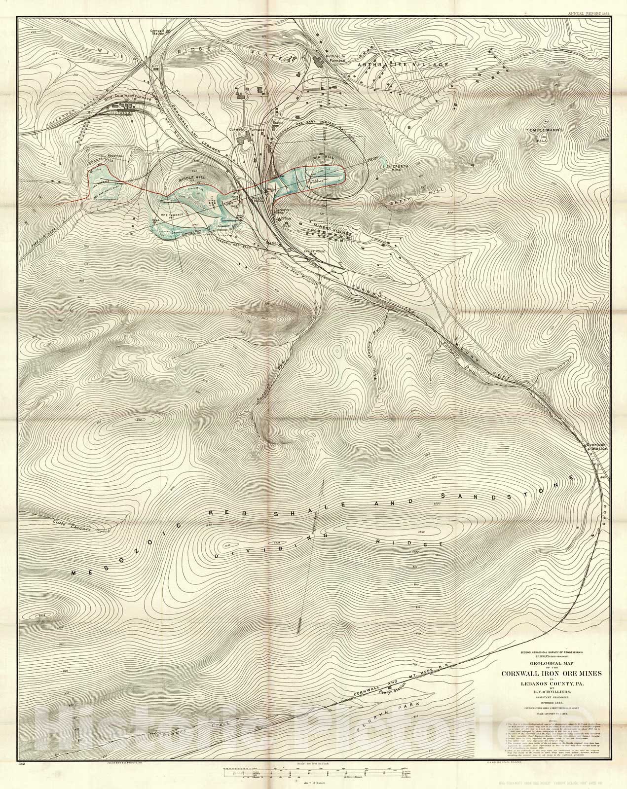 Historic Map : 1885 Geological Map of the Cornwall Iron Mines in Lebanon County, PA : Vintage Wall Art