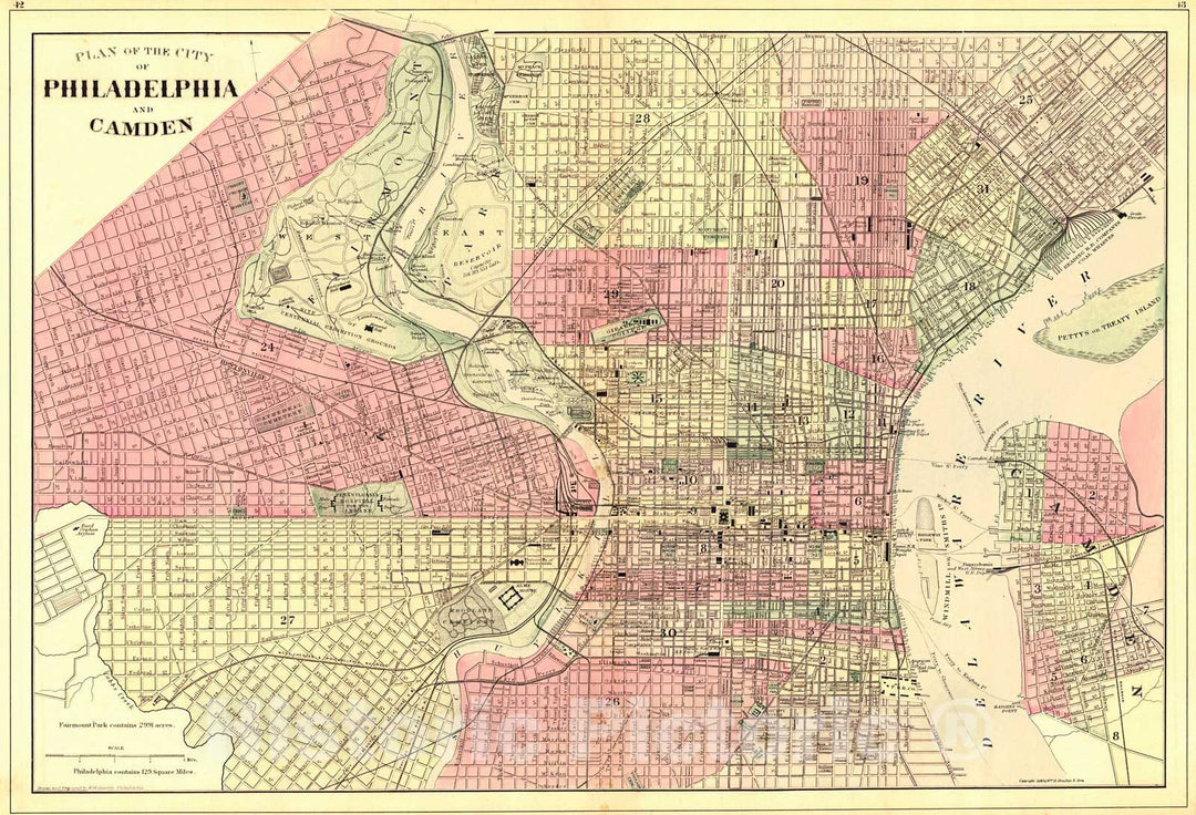 Historic Map : 1887 Plan of the City of Philadelphia and Camden : Vintage Wall Art