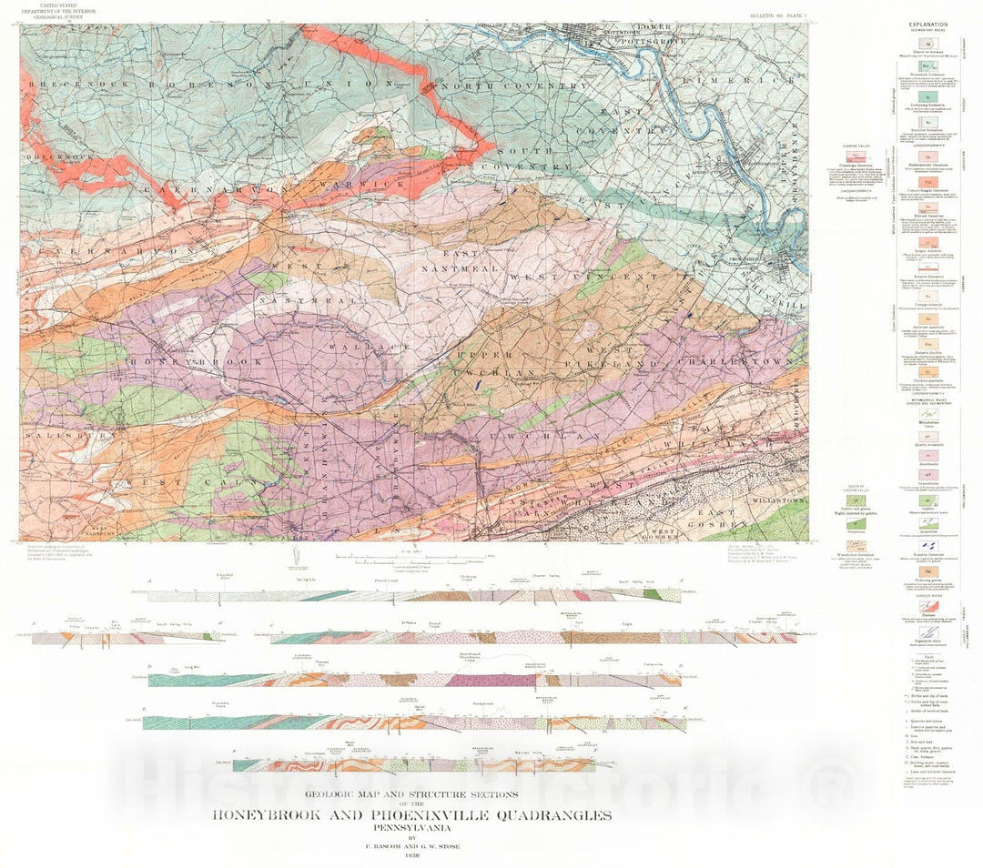 Historic Map : 1938 Geologic map and structure sections of the Honeybrook and Phoenixville quadrangles, Pennsylvania : Vintage Wall Art