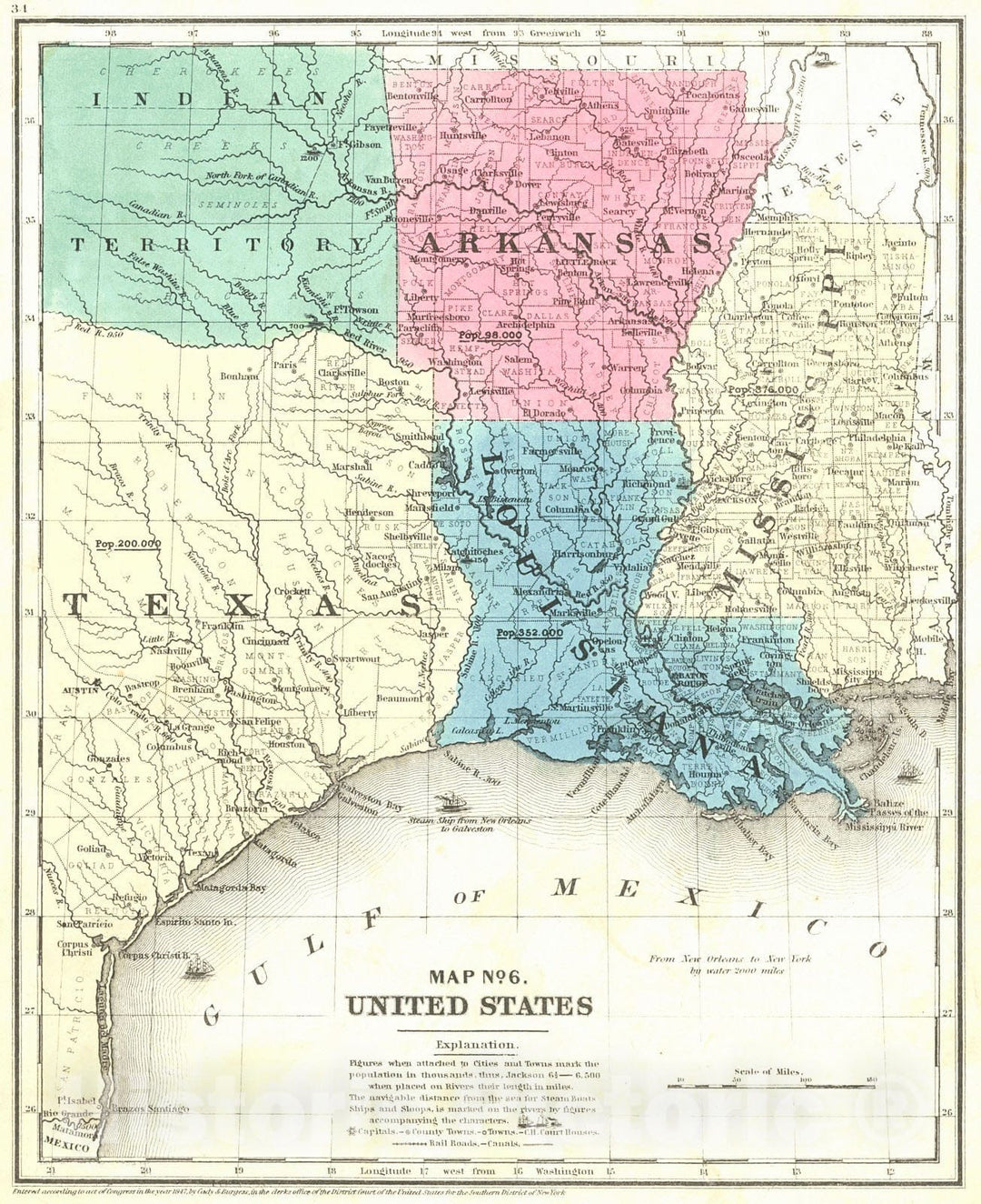 Historic Map : 1850 Map No. 6. United States (Mississippi, Louisiana, Arkansas and Texas) : Vintage Wall Art