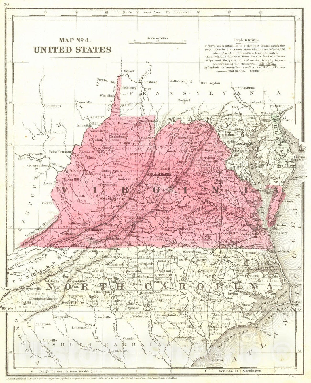 Historic Map : 1850 Map No. 4. United States (Virginia and North Carolina) : Vintage Wall Art