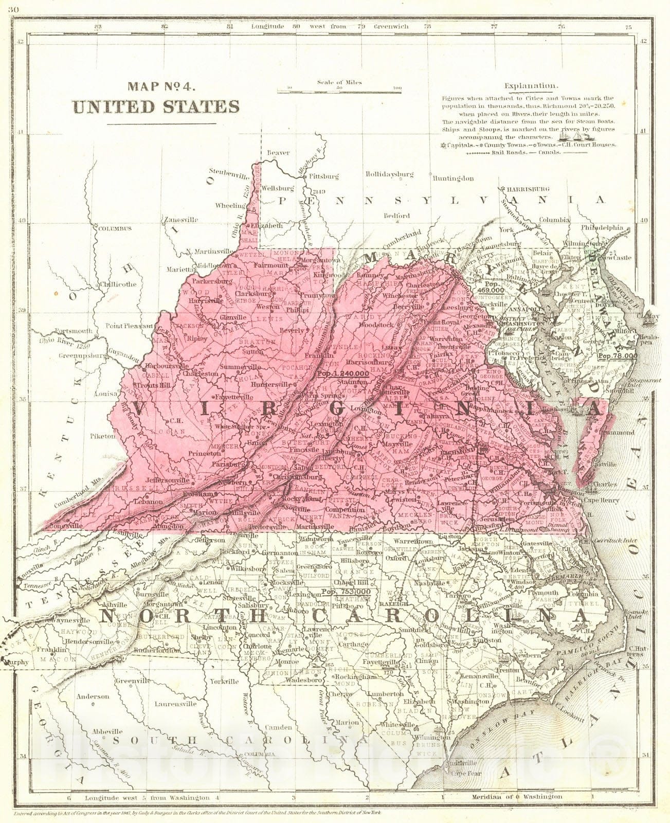 Historic Map : 1850 Map No. 4. United States (Virginia and North Carolina) : Vintage Wall Art