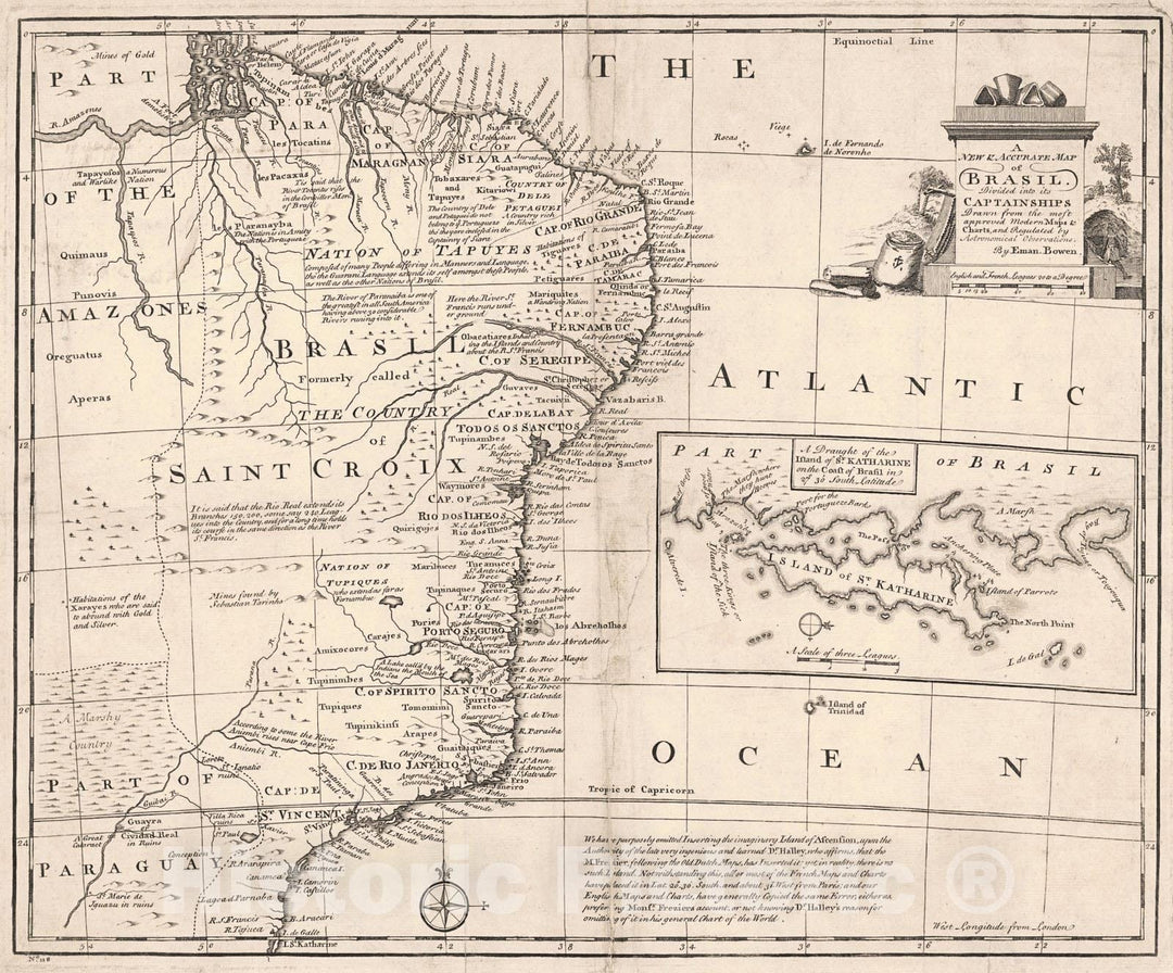 Historic Map : 1747 A New & Accurate Map of Brasil (Brazil) Drawn from approved Maps & Charts, and Regulated by Astronomical Observations : Vintage Wall Art