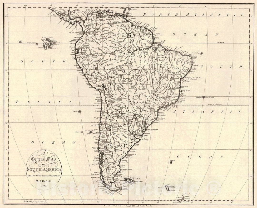 Historic Map : 1794 A General Map of South America Drawn from the Best Surveys : Vintage Wall Art