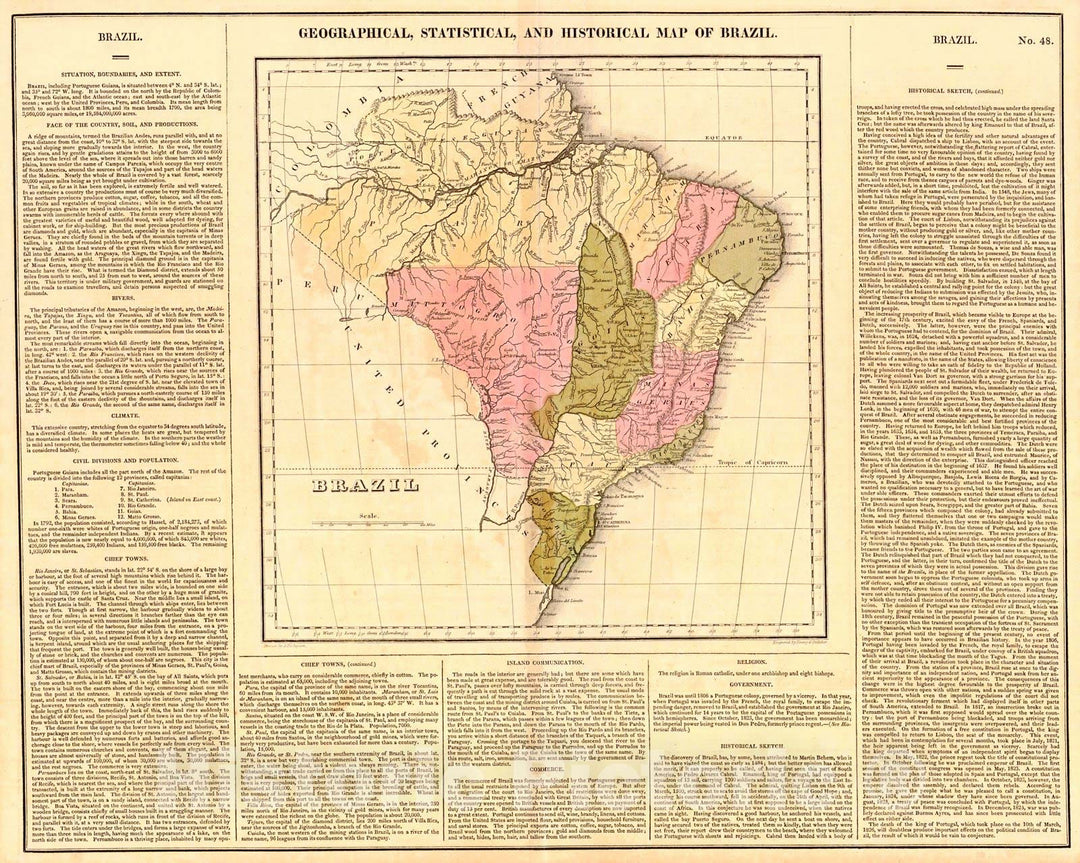 Historic Map : 1825 Geographical, Statistical, and Historical Map of Brazil : Vintage Wall Art