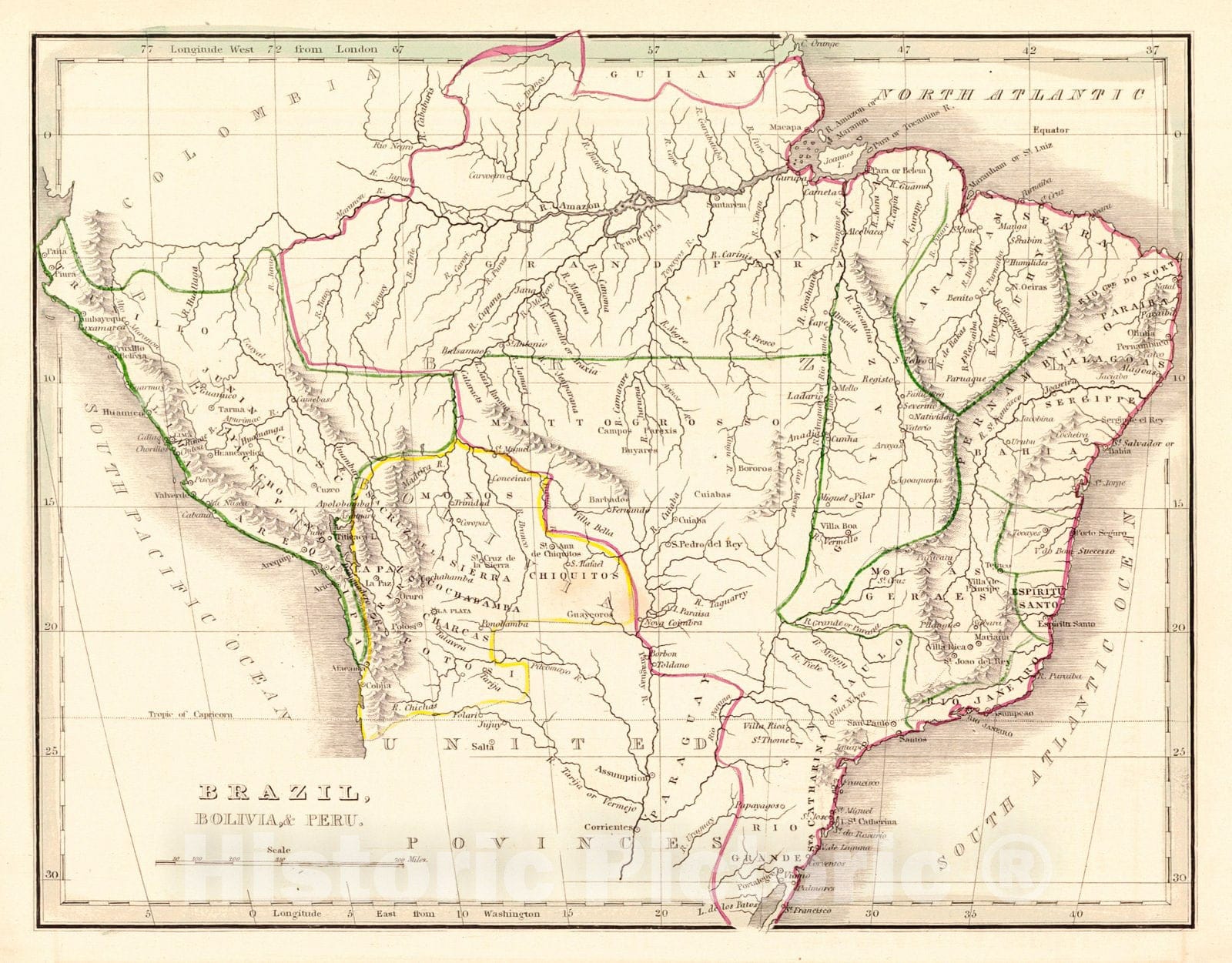 Historic Map : 1835 Brazil, Bolivia & Peru : Vintage Wall Art