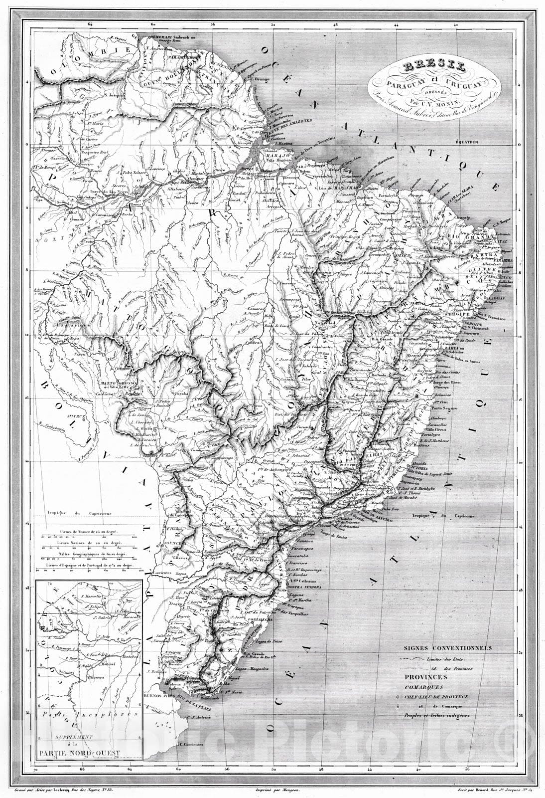 Historic Map : 1837 Bresil, Paraguay et Uruguay : Vintage Wall Art