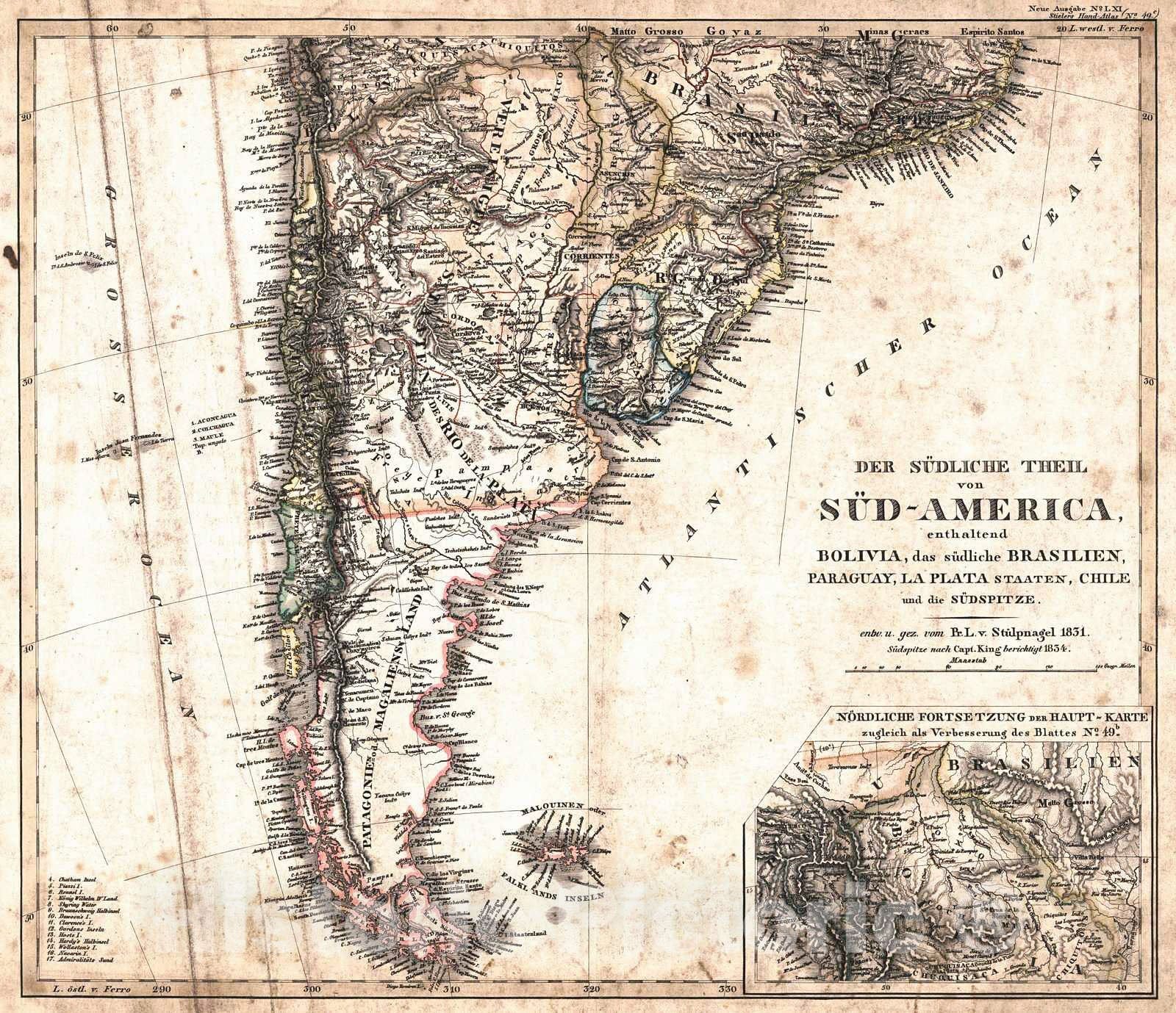 Historic Map : 1839 The southern part of South America, including Bolivia, southern Brazil, Paraguay, La Plata states, Chile and southern tip : Vintage Wall Art