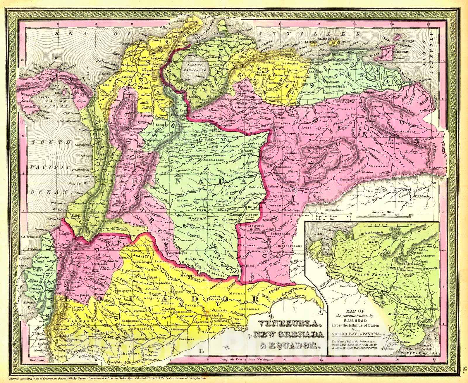 Historic Map : 1850 Venezuela, New Grenada, and Equador : Vintage Wall Art