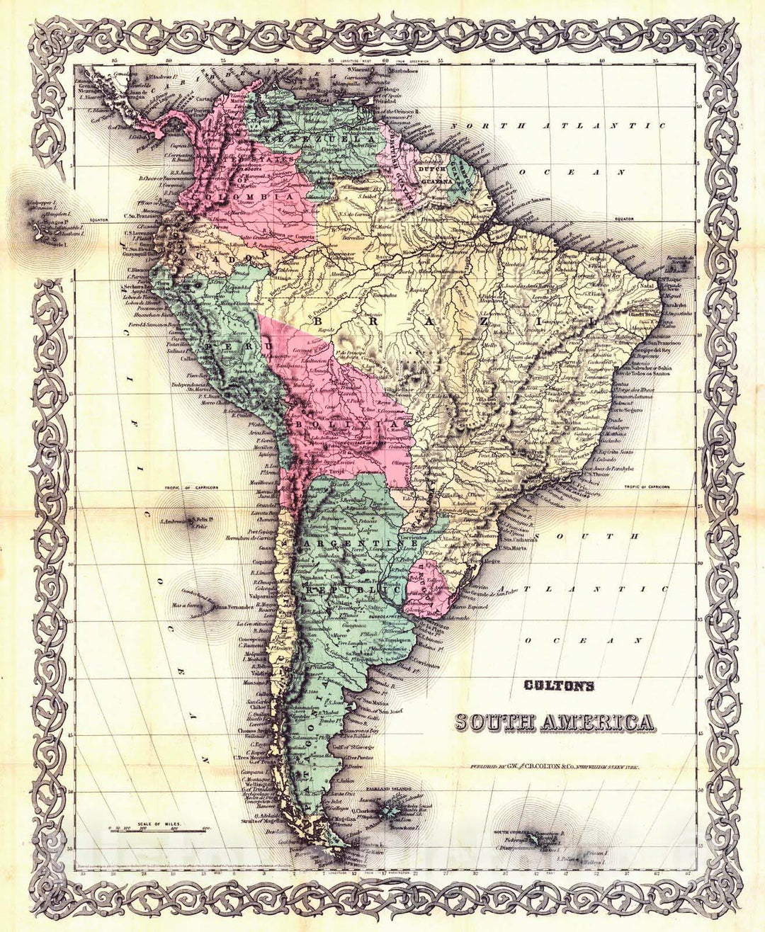 Historic Map : 1855 Colton's South America : Vintage Wall Art