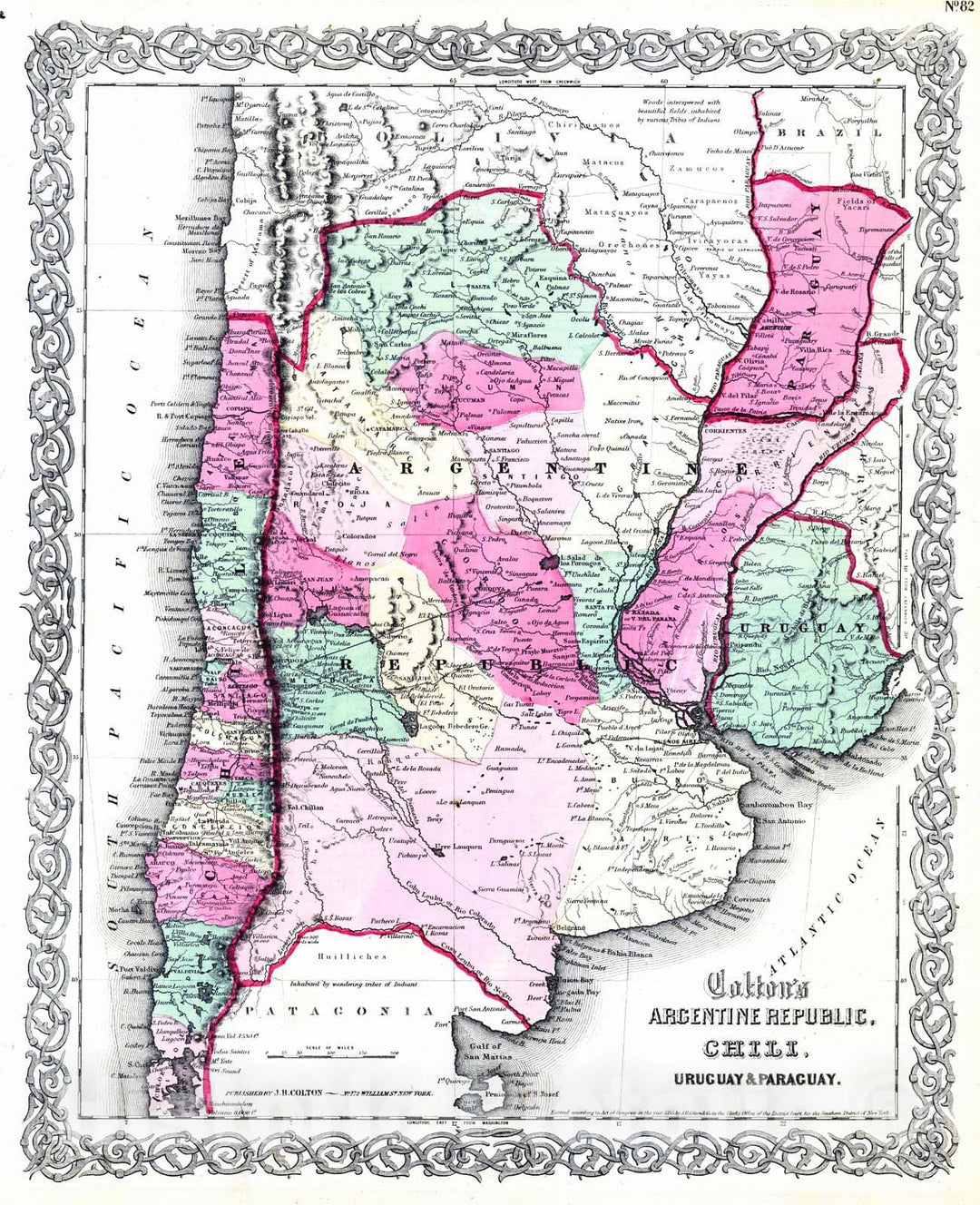 Historic Map : 1855 Colton's Arentine Republic, Chili, Uruguay and Paraguay : Vintage Wall Art