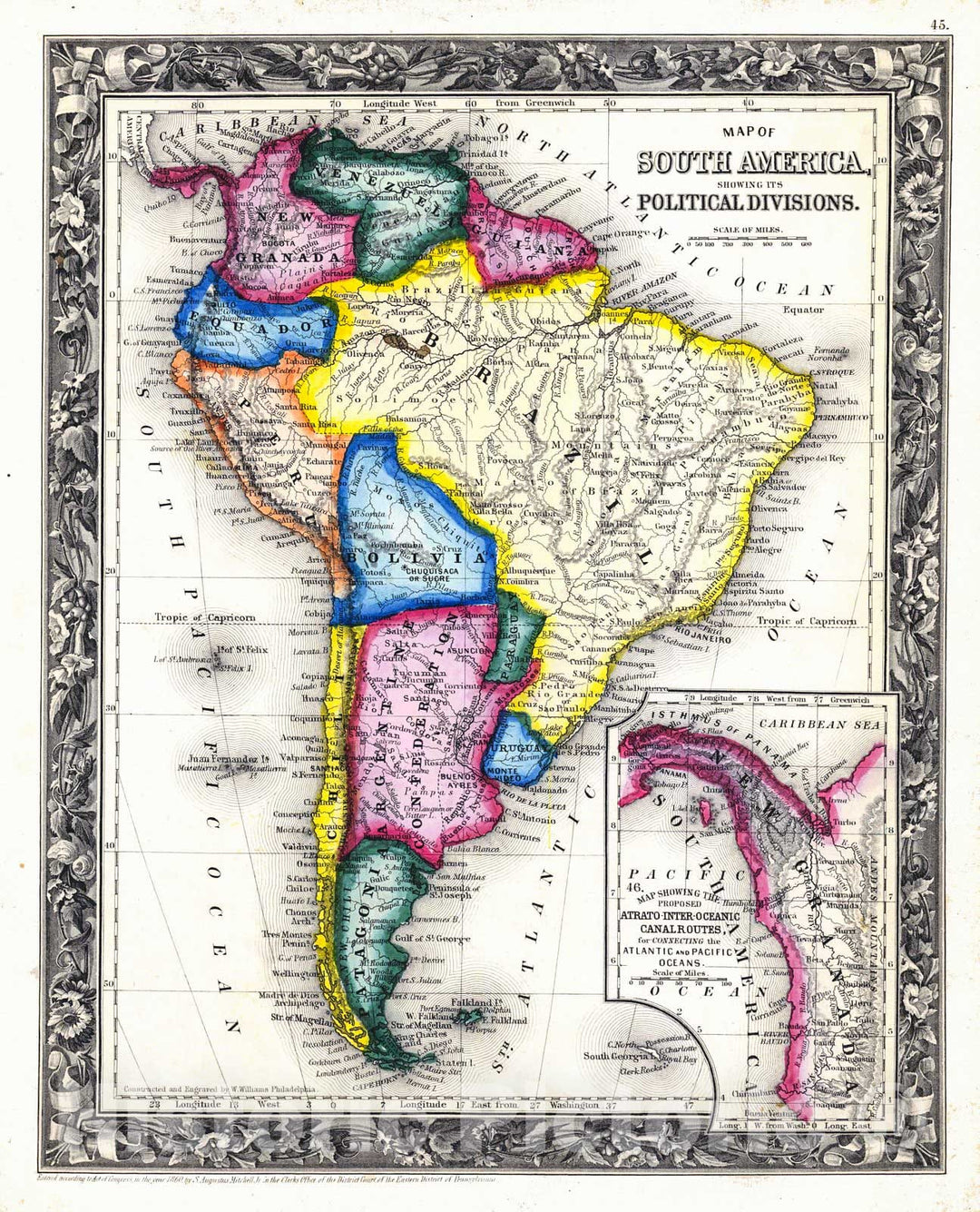 Historic Map : 1860 Map of South America Showing Its Political Divisions : Vintage Wall Art