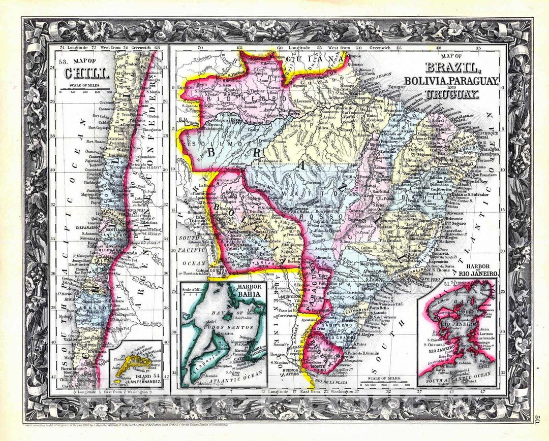 Historic Map : 1860 Map of Chili; Map of Brazil, Bolivia, Paraguay and Uruguay : Vintage Wall Art