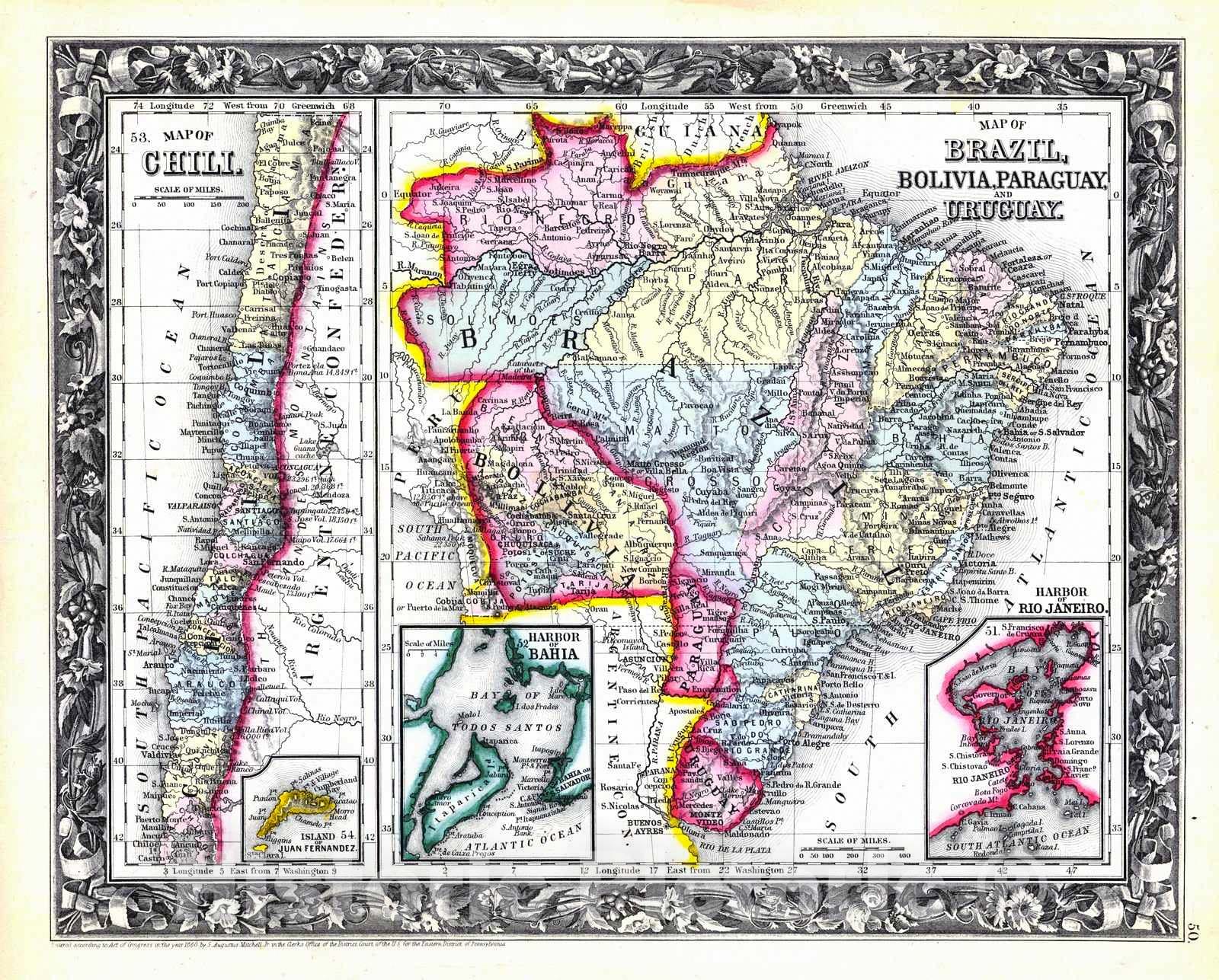 Historic Map : 1860 Map of Chili; Map of Brazil, Bolivia, Paraguay and Uruguay : Vintage Wall Art