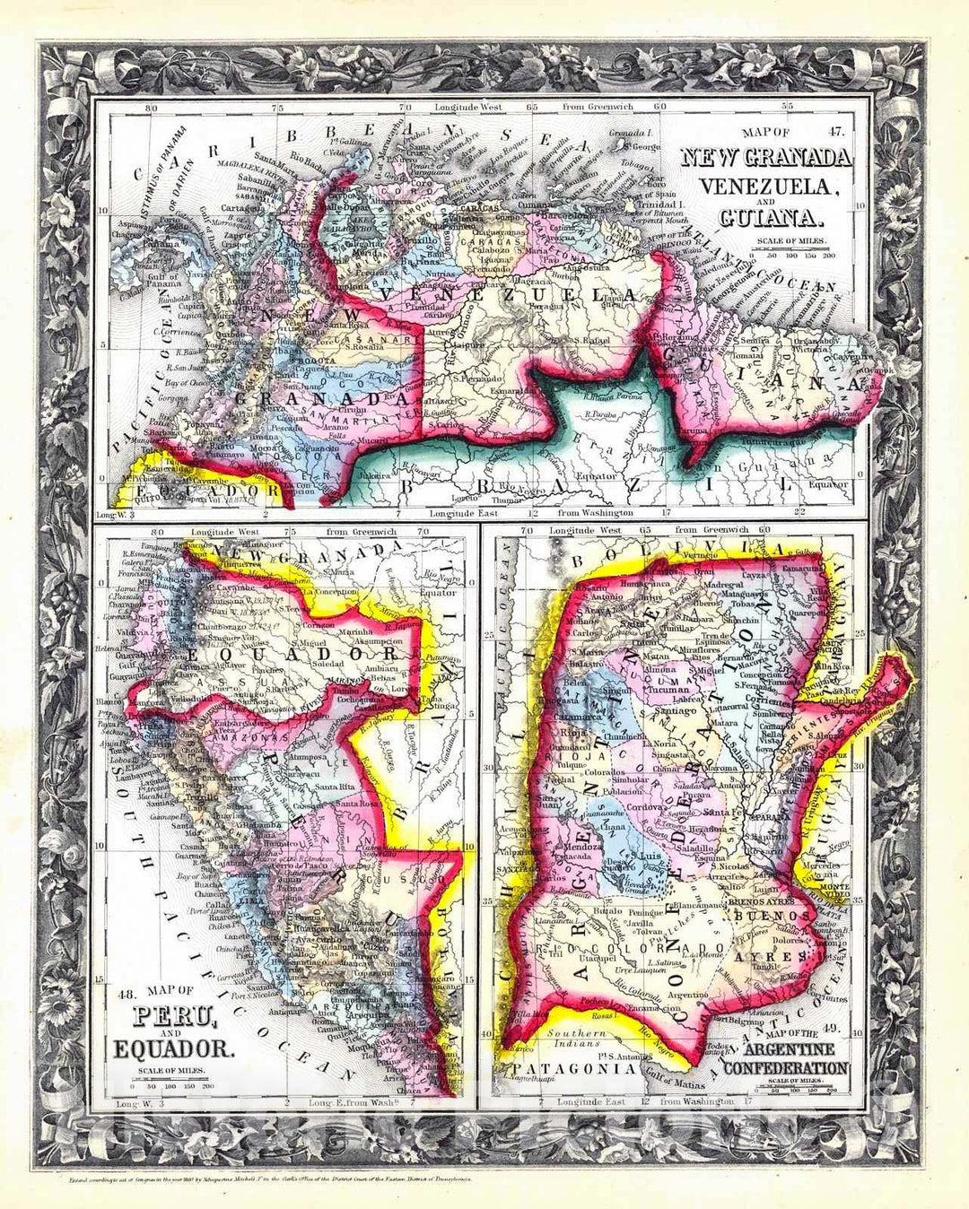 Historic Map : 1860 Map of New Granada, Venezuela and Guiana; Map of Peru and Equador; Map of the Argentine Confederation : Vintage Wall Art