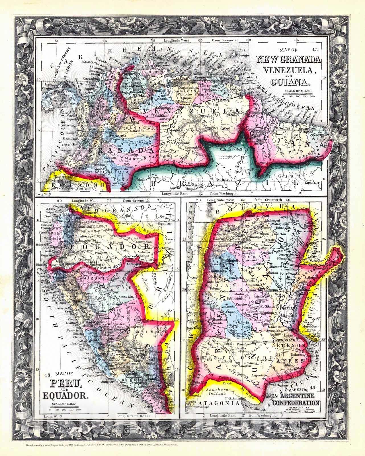 Historic Map : 1860 Map of New Granada, Venezuela and Guiana; Map of Peru and Equador; Map of the Argentine Confederation : Vintage Wall Art