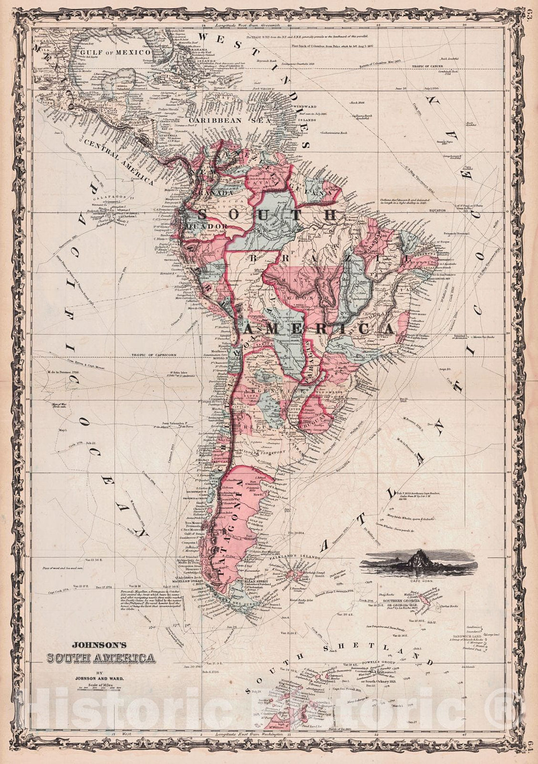 Historic Map : 1861 Johnson's South America : Vintage Wall Art