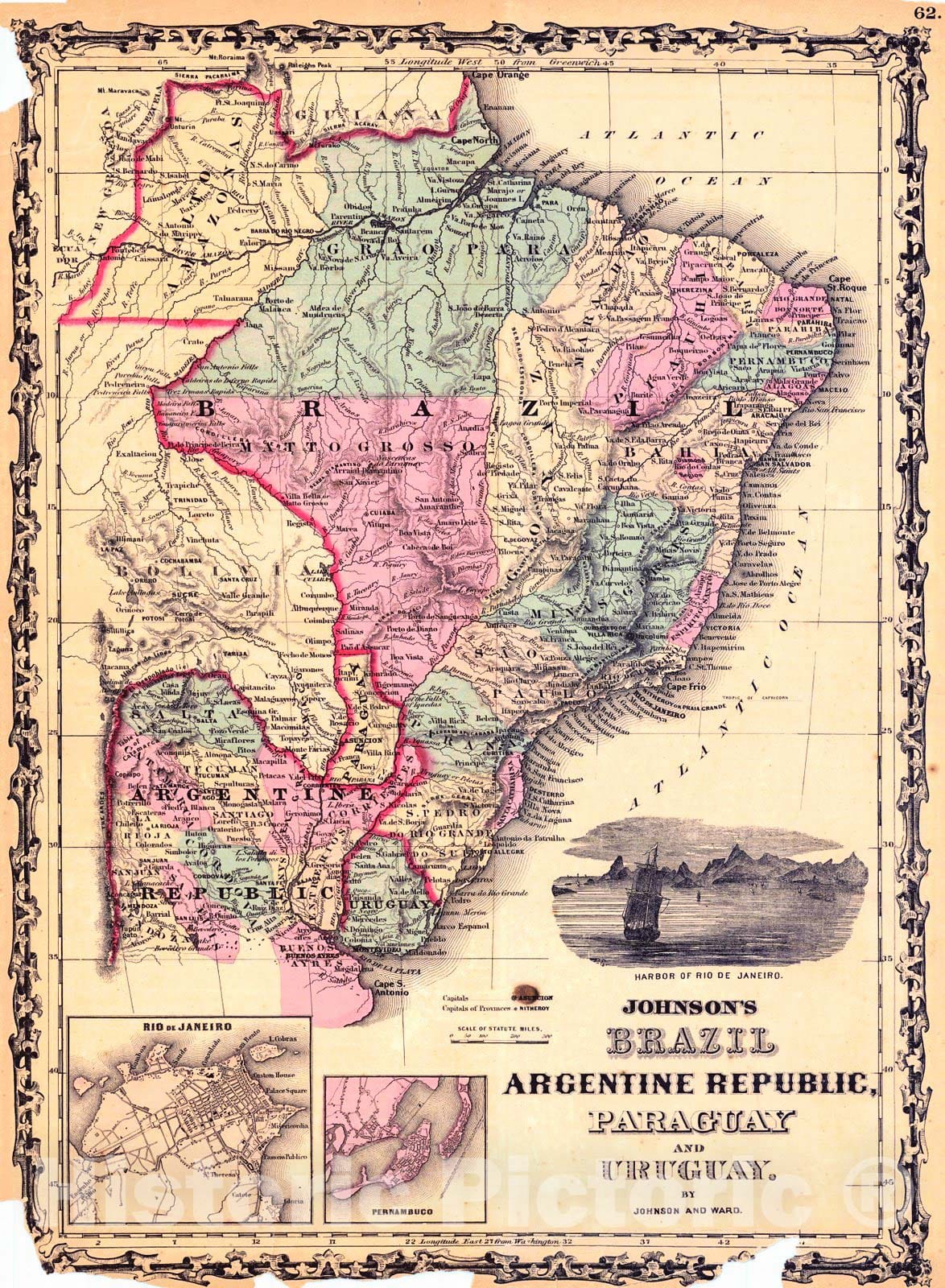 Historic Map : 1862 Johnson's Brazil, Argentine Republic, Paraquay, Uruguay : Vintage Wall Art