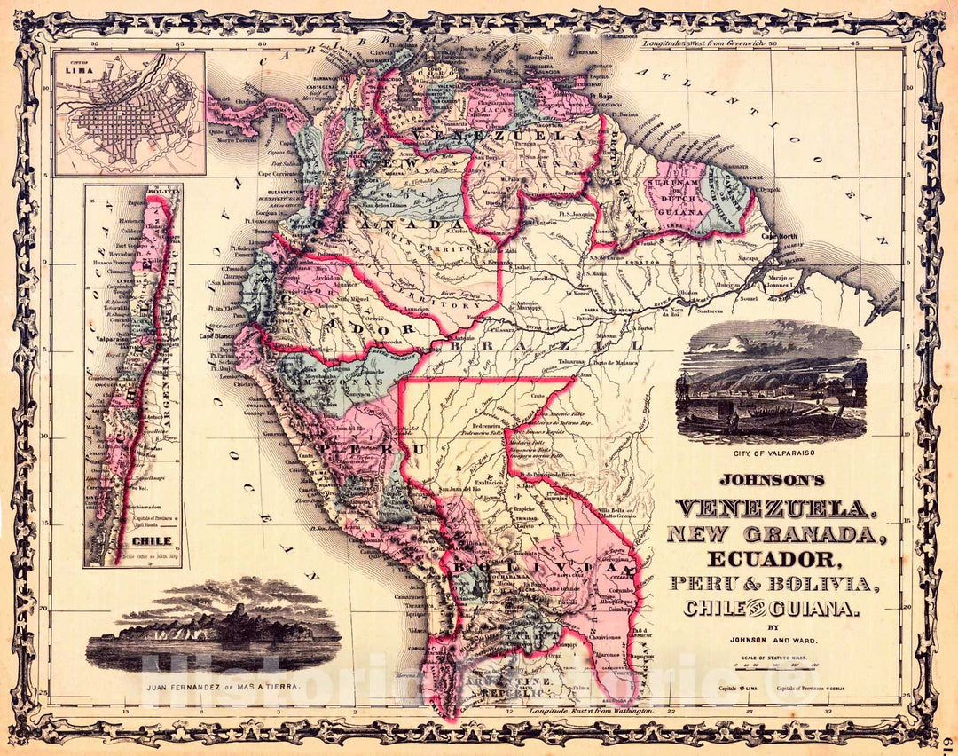 Historic Map : 1862 Johnson's Venezuela, New Granada, Ecuador, Peru & Bolivia, Chile and Guiana : Vintage Wall Art