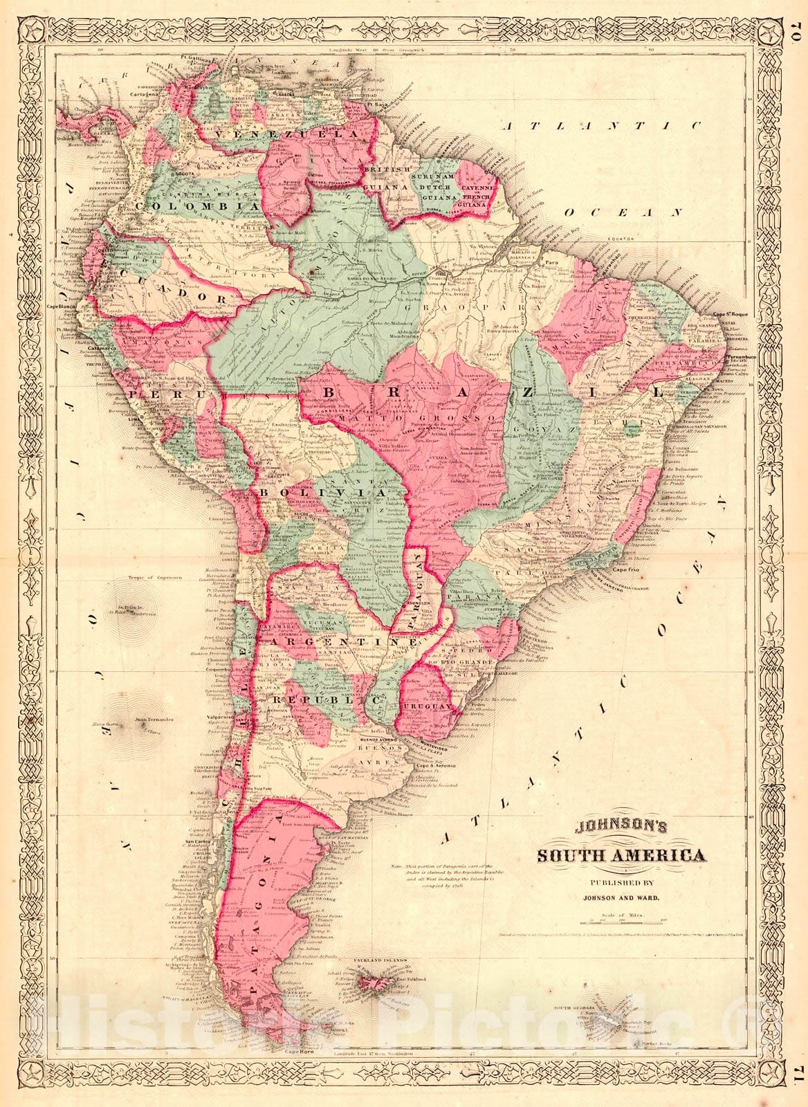 Historic Map : 1863 Johnson's South America : Vintage Wall Art