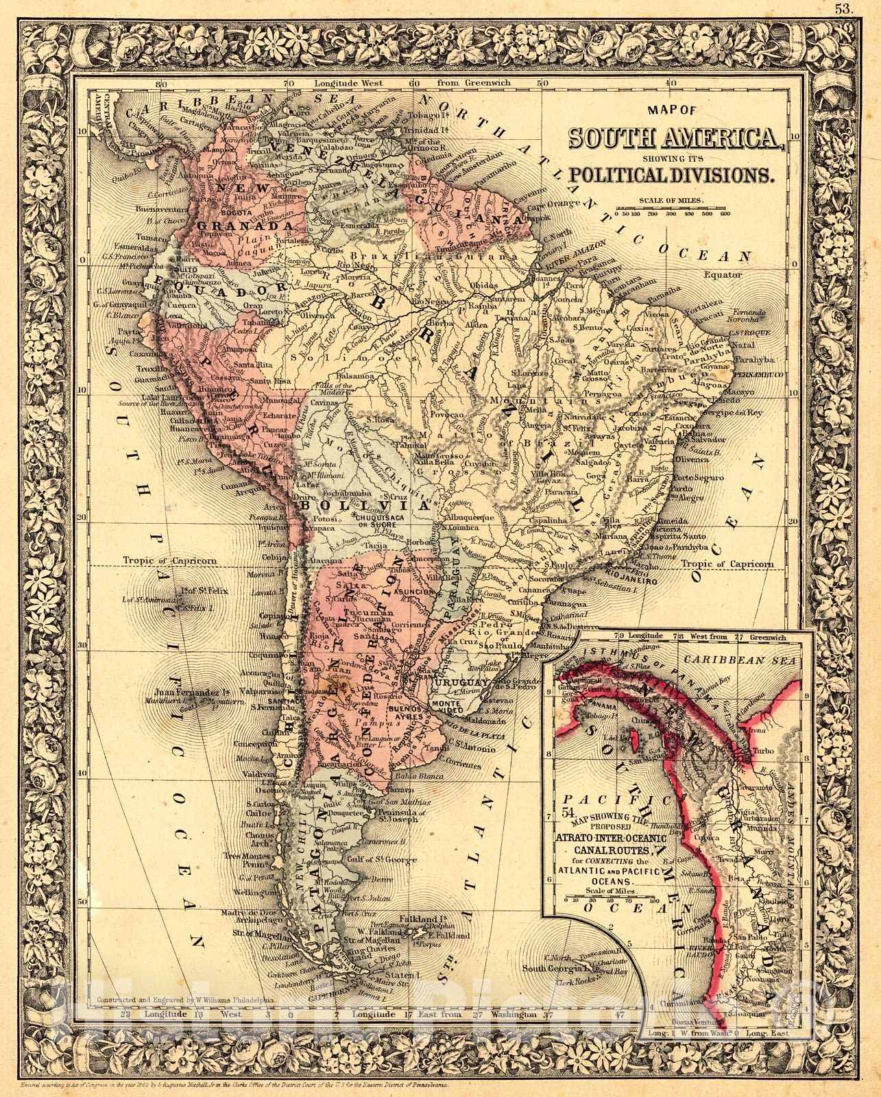 Historic Map : 1865 South America Showing It's Political Divisions  : Vintage Wall Art