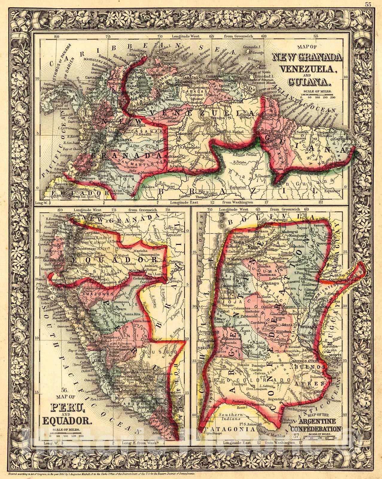 Historic Map : 1865 Map of New Granada, Venezuela and Guiana; Map of Peru and Equador; Map of the Argentine Confederation : Vintage Wall Art