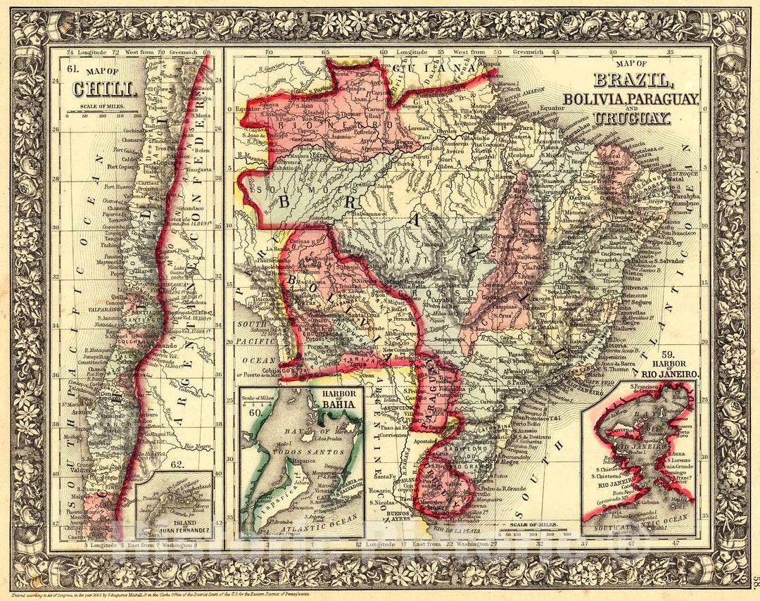 Historic Map : 1865 Map of Chili; Map of Brazil, Bolivia, Paraguay and Uruguay : Vintage Wall Art