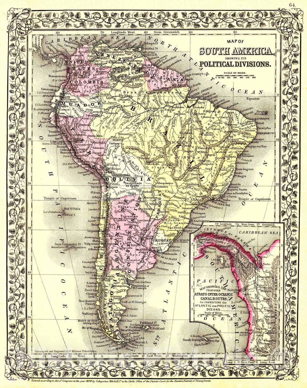 Historic Map : 1870 Map of South America Showing Its Political Divisions : Vintage Wall Art