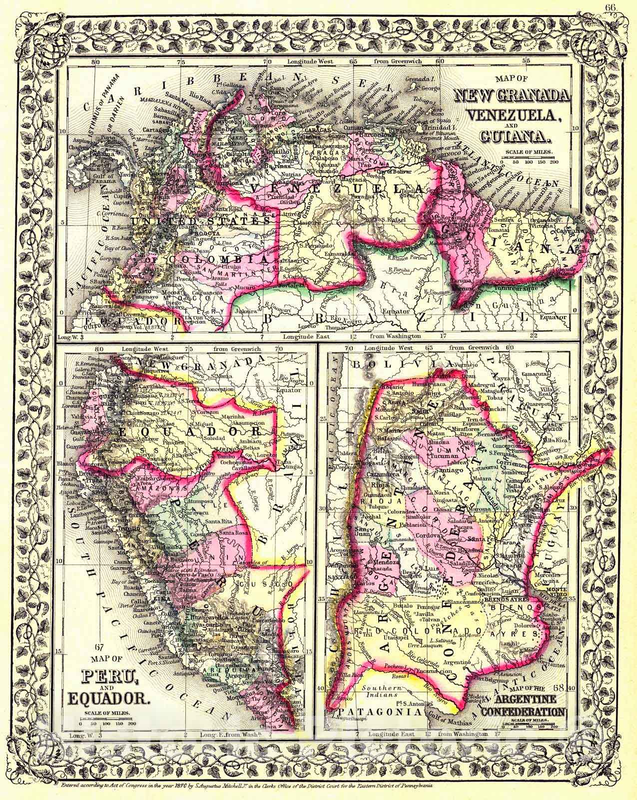 Historic Map : 1870 Map of New Granada, Venezuela & Guiana; Map of Peru and Equador; Map of the Argentine Confederation : Vintage Wall Art