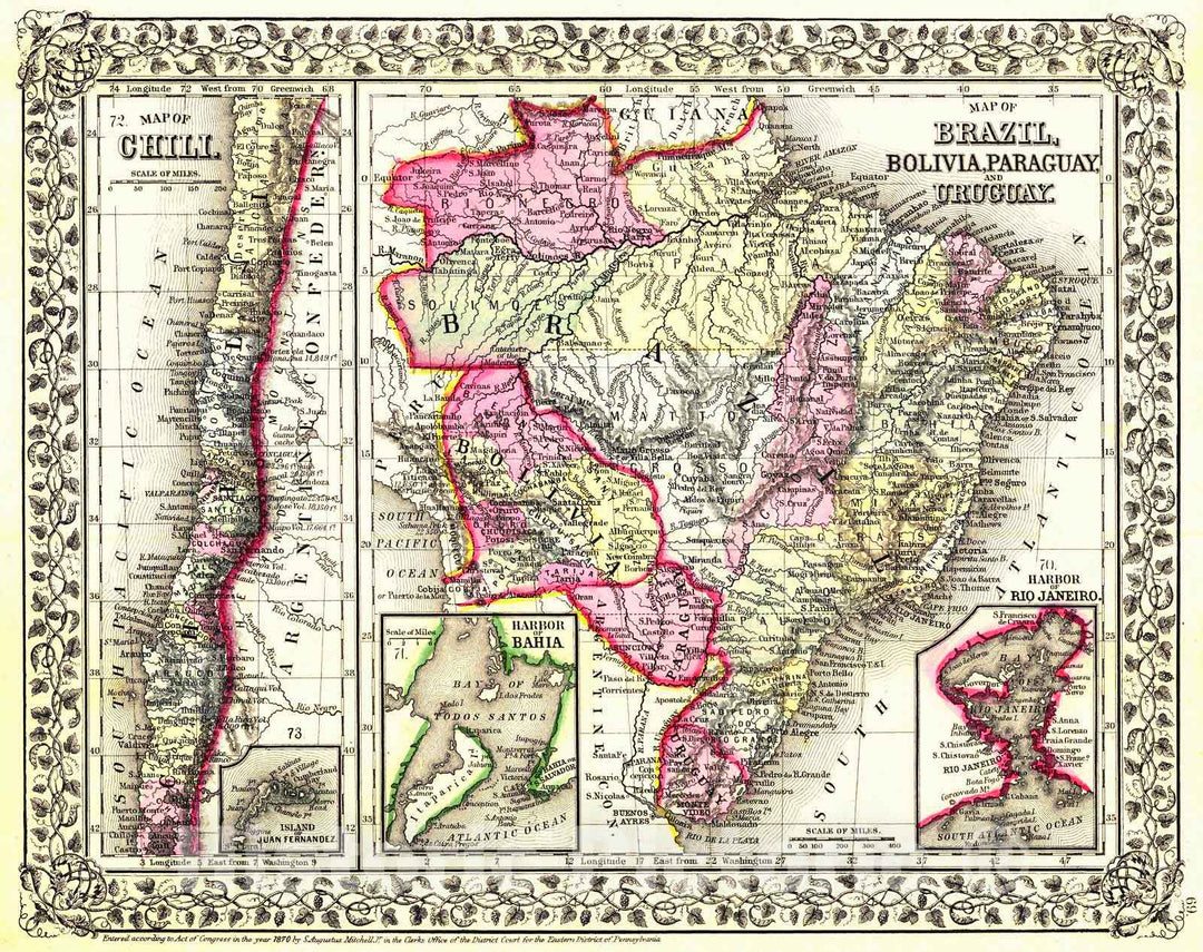 Historic Map : 1870 Map of Chili; Map of Brazil, Bolivia, Paraguay and Uruguay : Vintage Wall Art