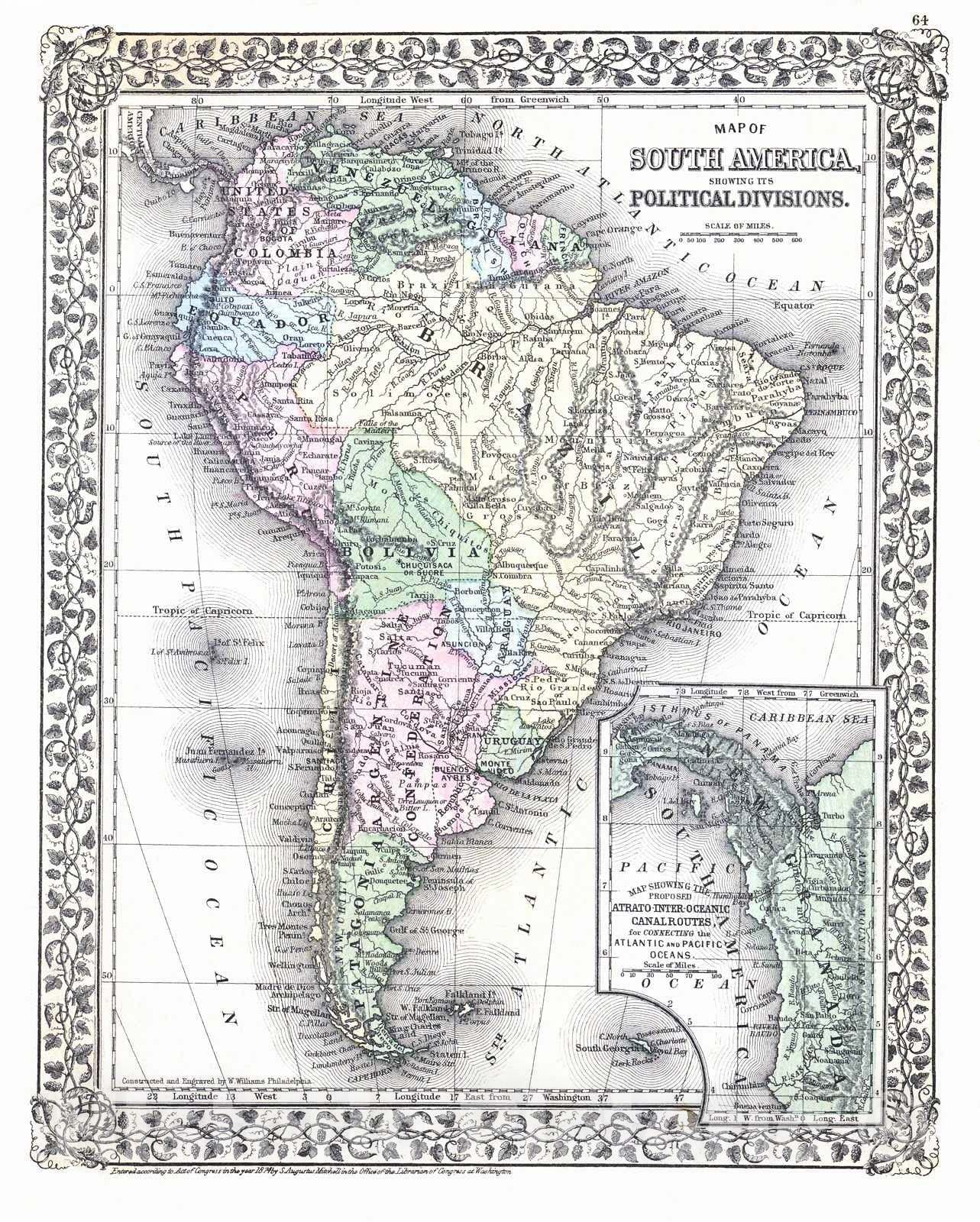 Historic Map : 1874 Map of South America Showing Its Political Divisons : Vintage Wall Art