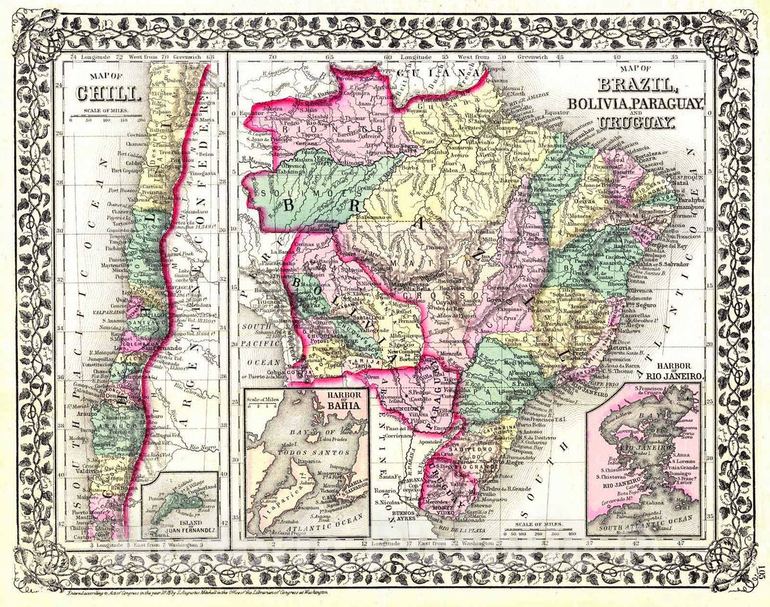 Historic Map : 1876 Map of Chili; Map of Brazil, Bolivia, Paraguay and Uruguay : Vintage Wall Art