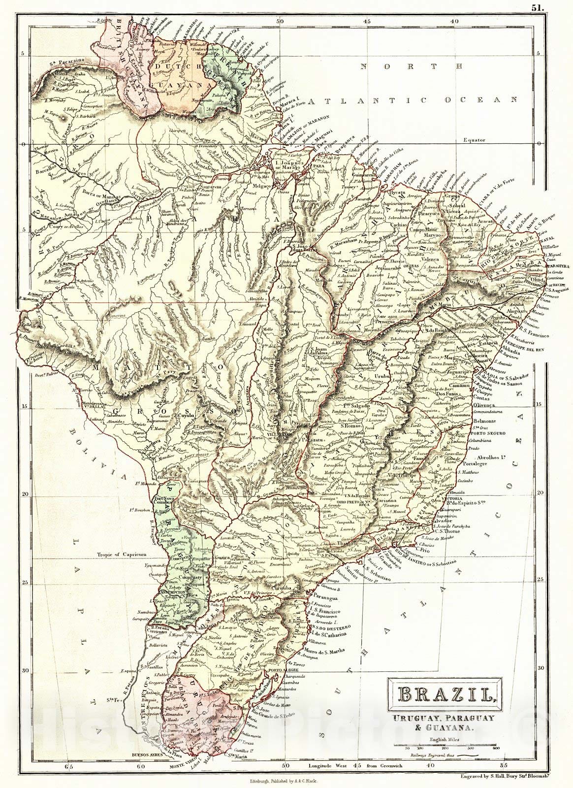 Historic Map : 1879 Brazil, Uruguay, Paraguay, & Guyana  : Vintage Wall Art