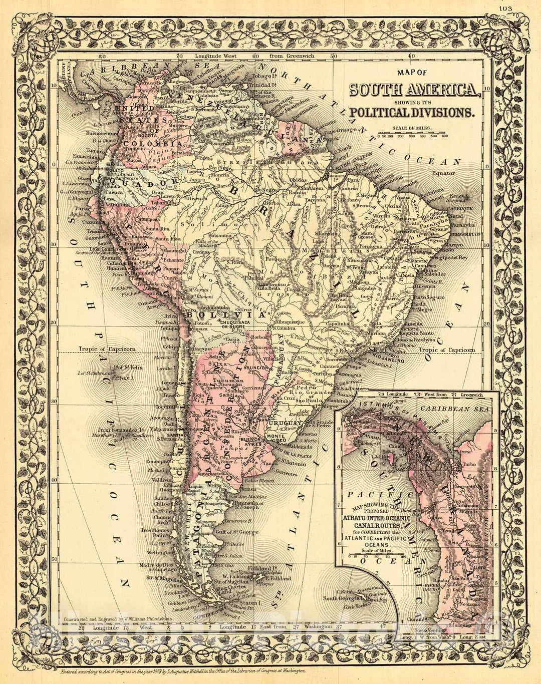 Historic Map : 1880 Map of South America Showing its Political Divisions : Vintage Wall Art