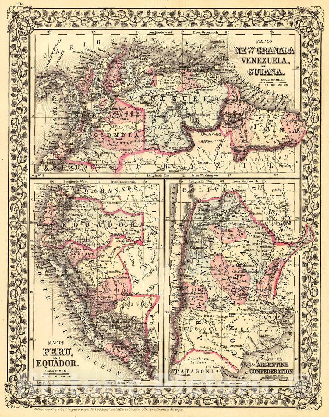 Historic Map : 1880 Map of New Granada, Venezuela, and Guiana; Map of Peru and Equador; Map of the Argentine Confederation : Vintage Wall Art