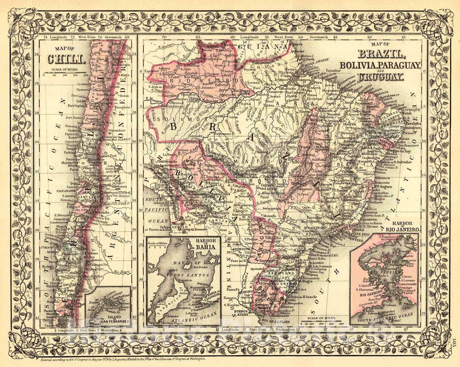 Historic Map : 1880 Map of Chili; Map of Brazil, Bolivia, Paraguay and Uruguay : Vintage Wall Art