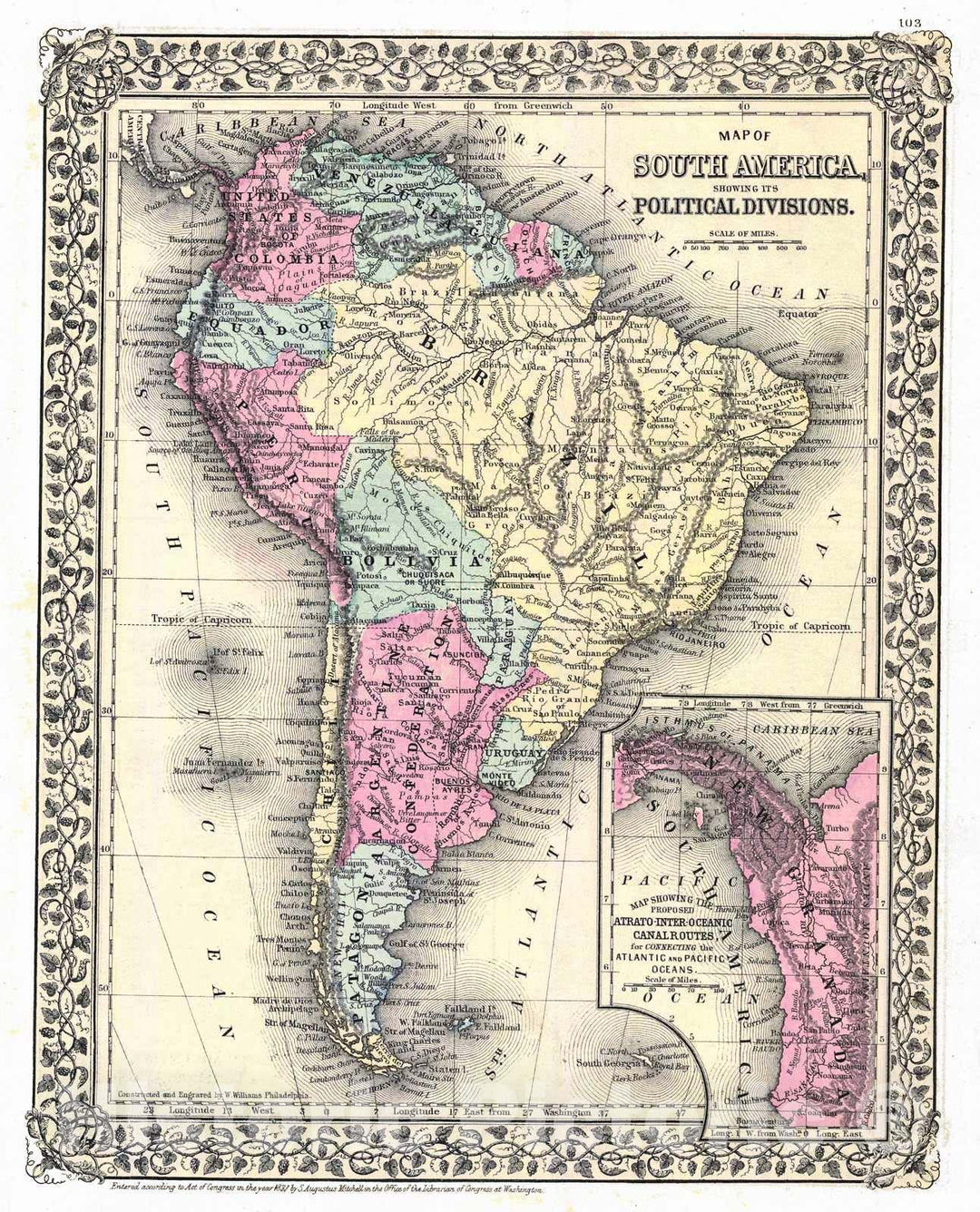 Historic Map : 1881 Map of South America Showing Its Political Divisions : Vintage Wall Art