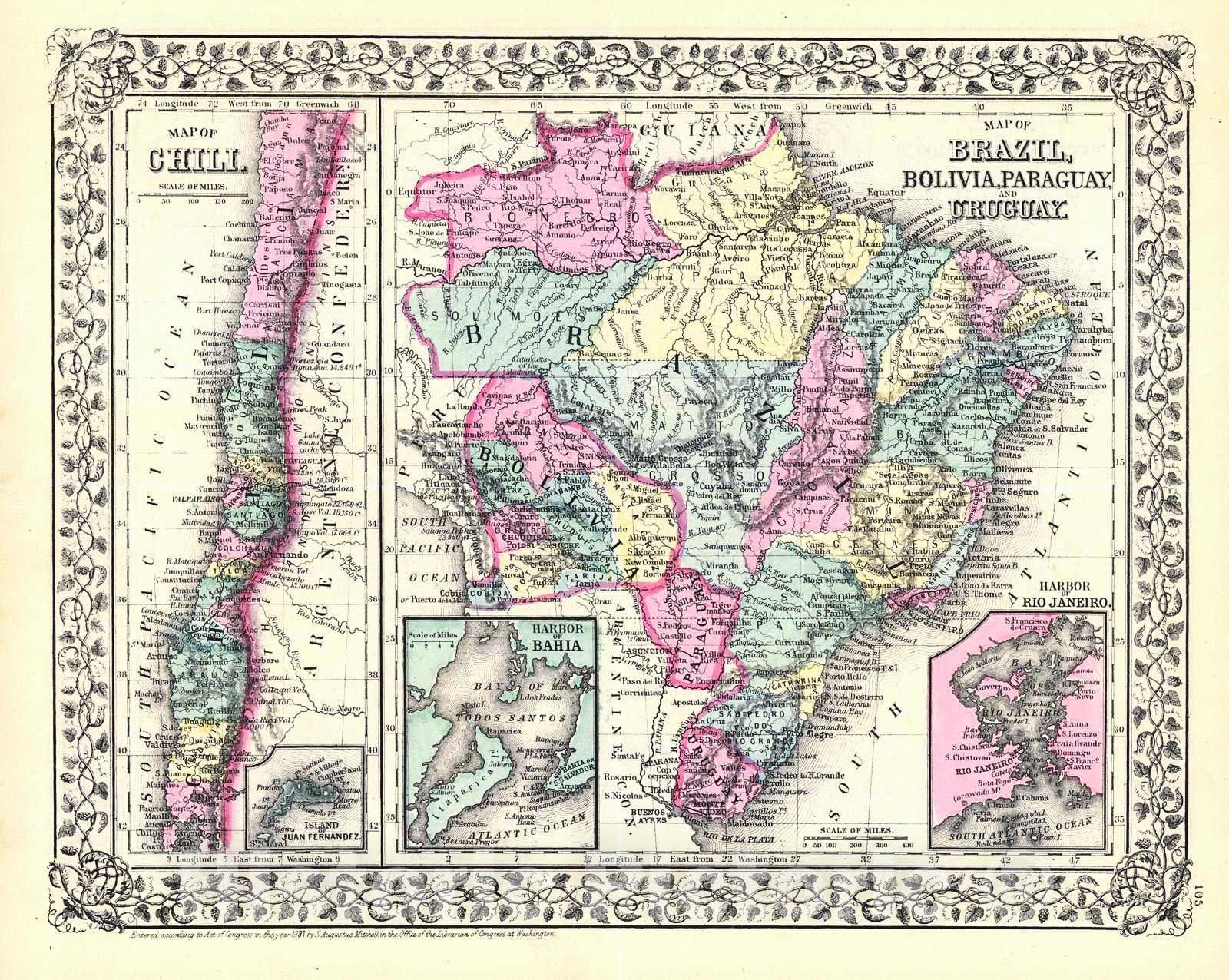 Historic Map : 1881 Map of Chili; Map of Brazil, Bolivia, Paraguay and Uruguay : Vintage Wall Art