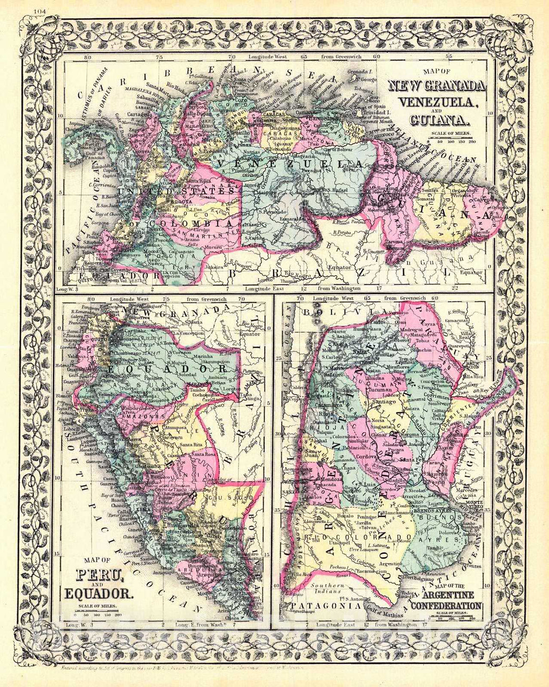 Historic Map : 1881 Map of New Granada, Venezuela & Guiana; Map of Peru and Equador; Map of the Argentine Confederation : Vintage Wall Art