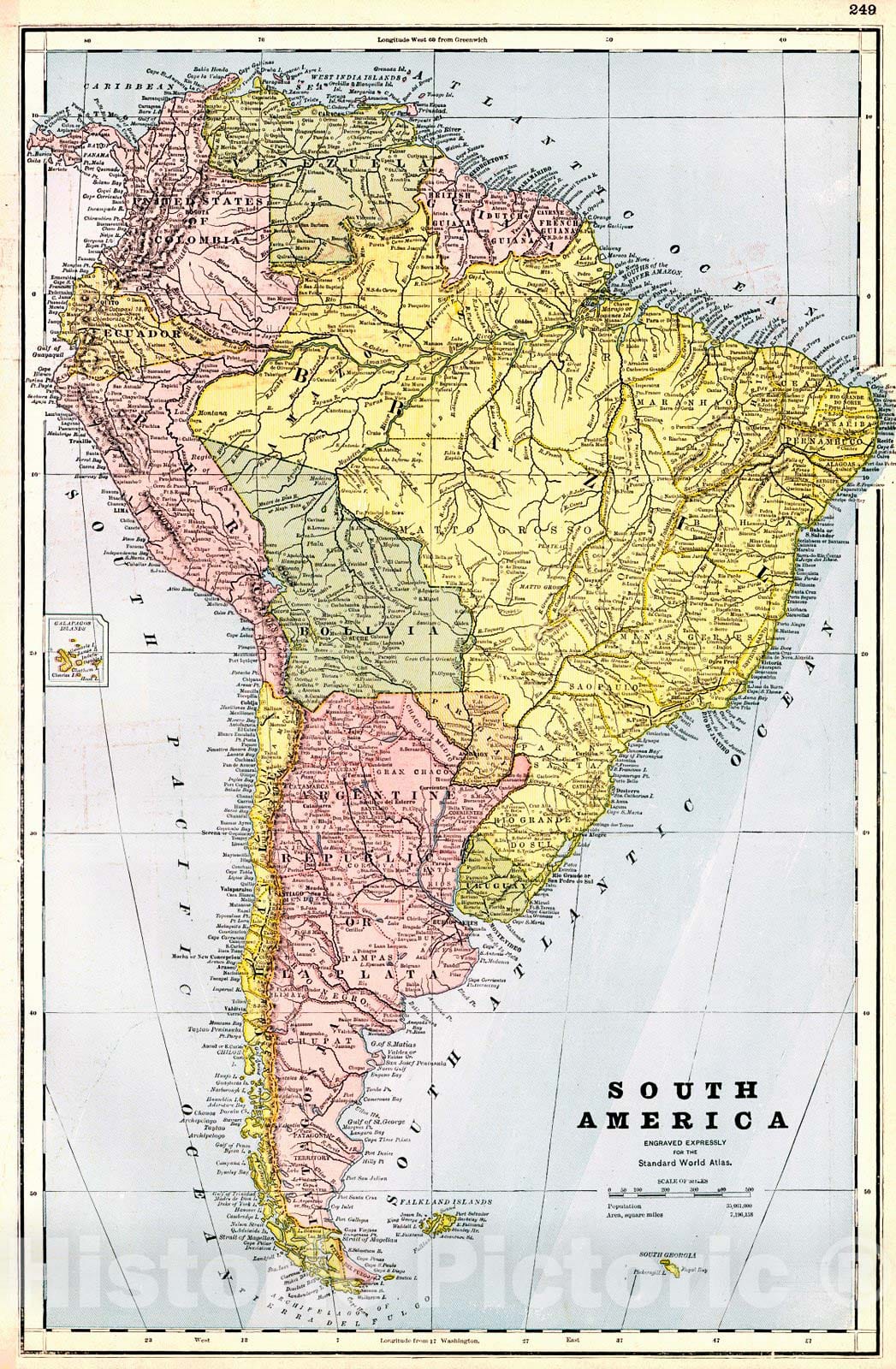 Historic Map : 1887 Map of South America, Showing its Political Divisions : Vintage Wall Art