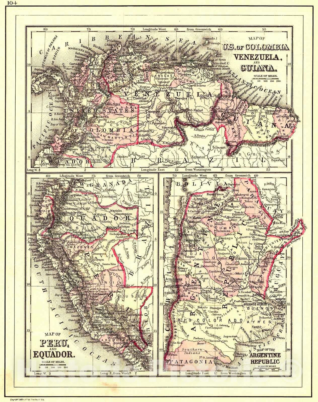 Historic Map : 1887 Map of U.S. of Colombia, Venezuela and Guiana; Map of Peru and Equador; Map of the Argentine Republic : Vintage Wall Art