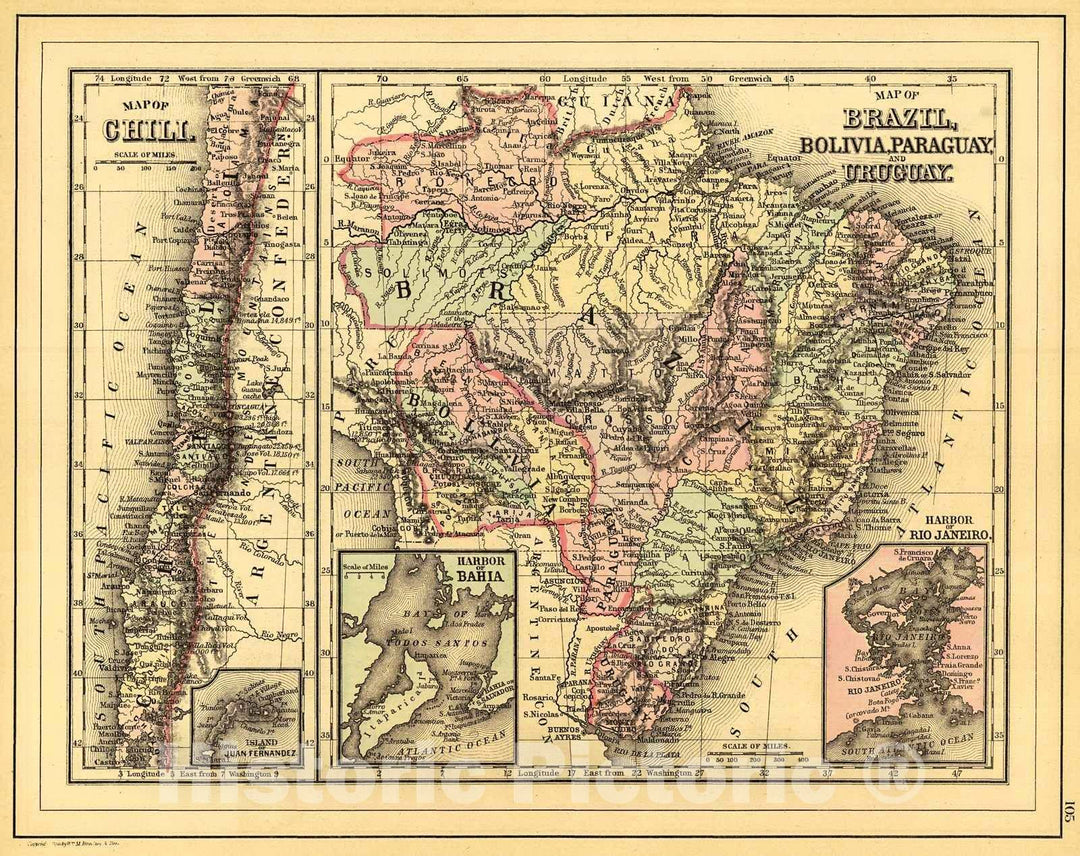 Historic Map : 1887 Map of Chili, Map of Brazil, Bolivia, Paraguay and Uruguay : Vintage Wall Art