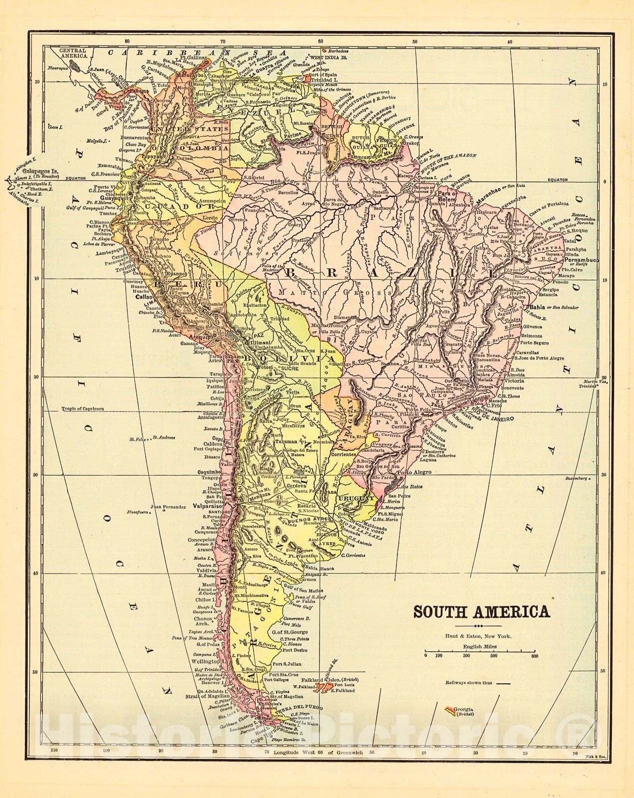 Historic Map : 1893 South America : Vintage Wall Art