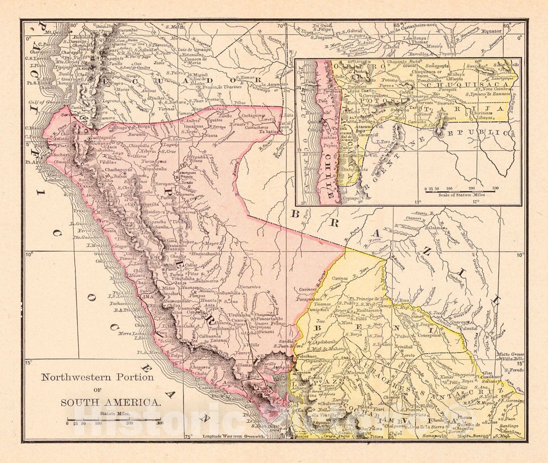 Historic Map : 1895 Northwestern Portion of South America  : Vintage Wall Art