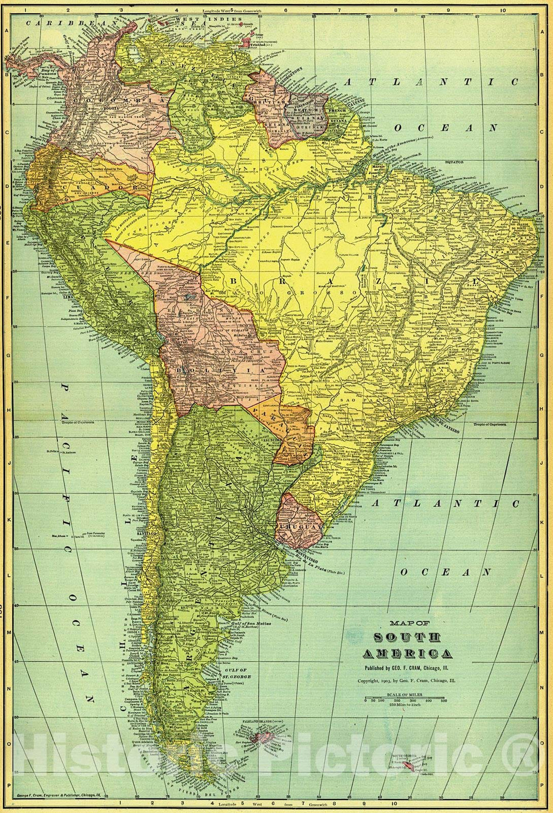 Historic Map : 1907 Map of South America : Vintage Wall Art