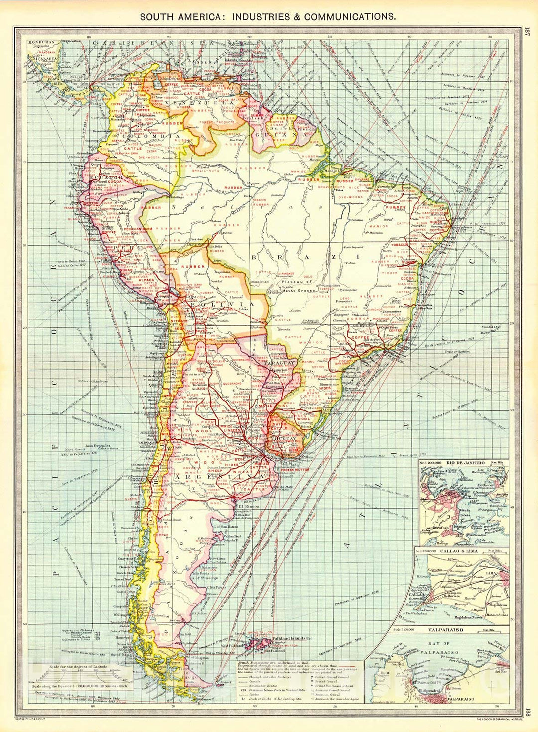 Historic Map : 1910 South America: Industries and Communications  : Vintage Wall Art